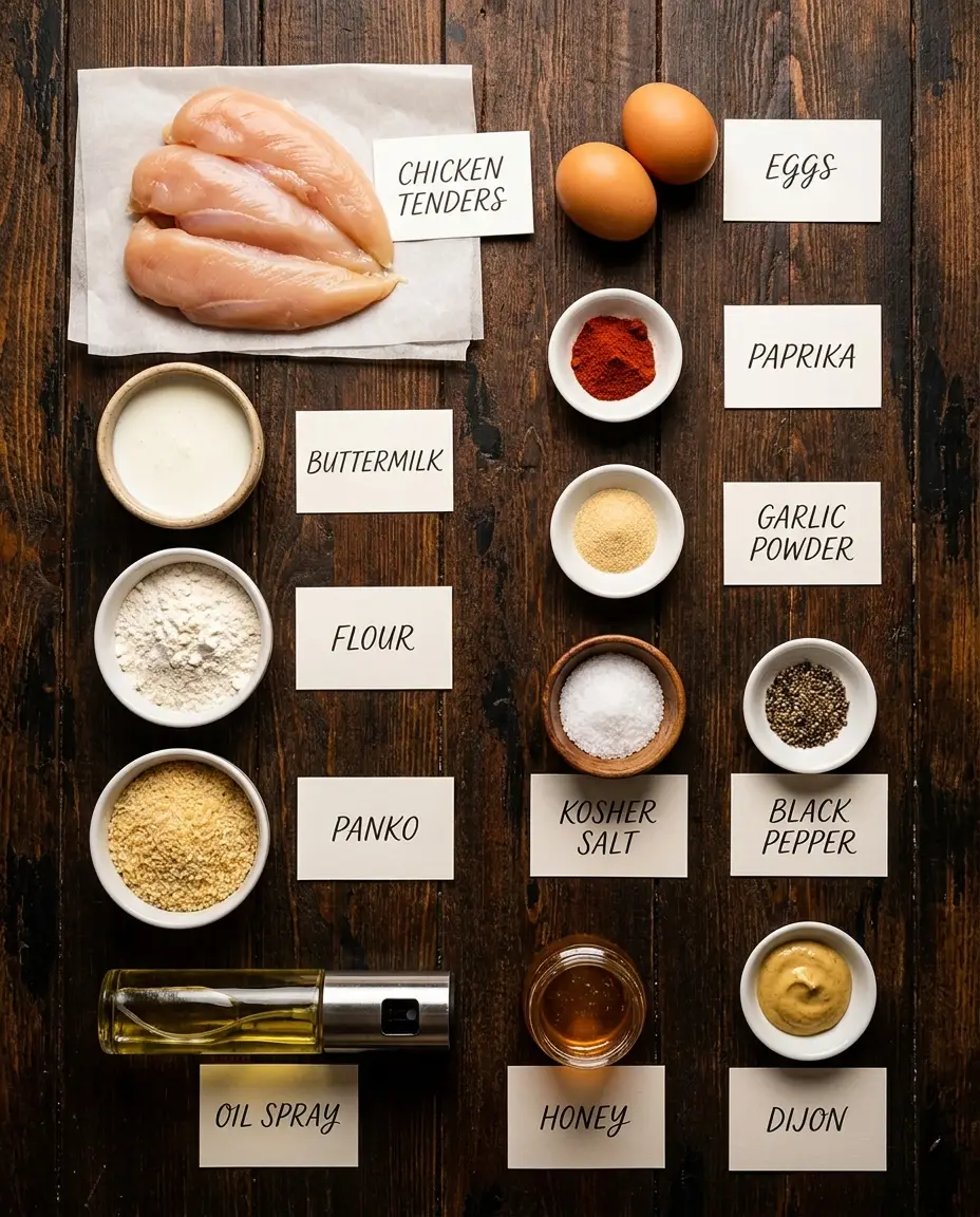 All ingredients for air fryer chicken tenders, labeled