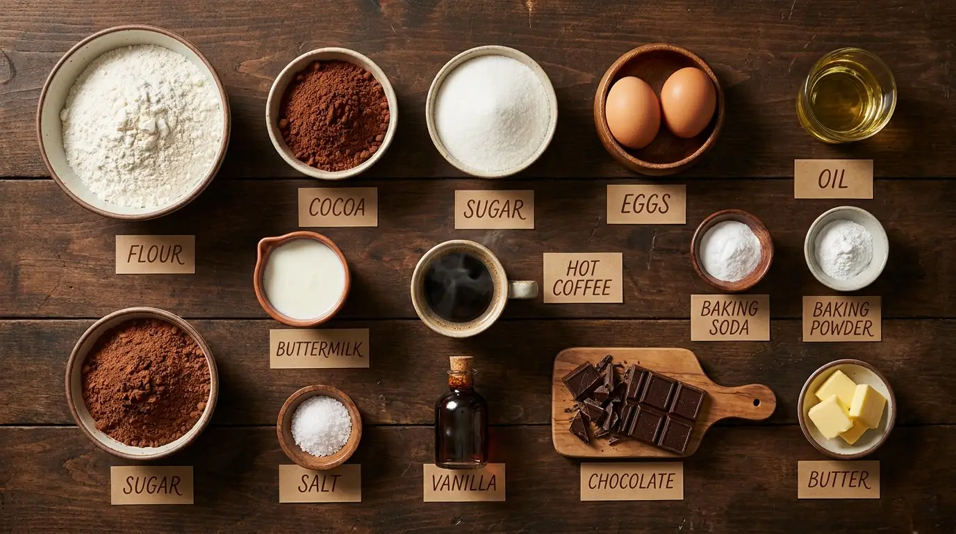 All ingredients for one-bowl chocolate fudge cake, labeled