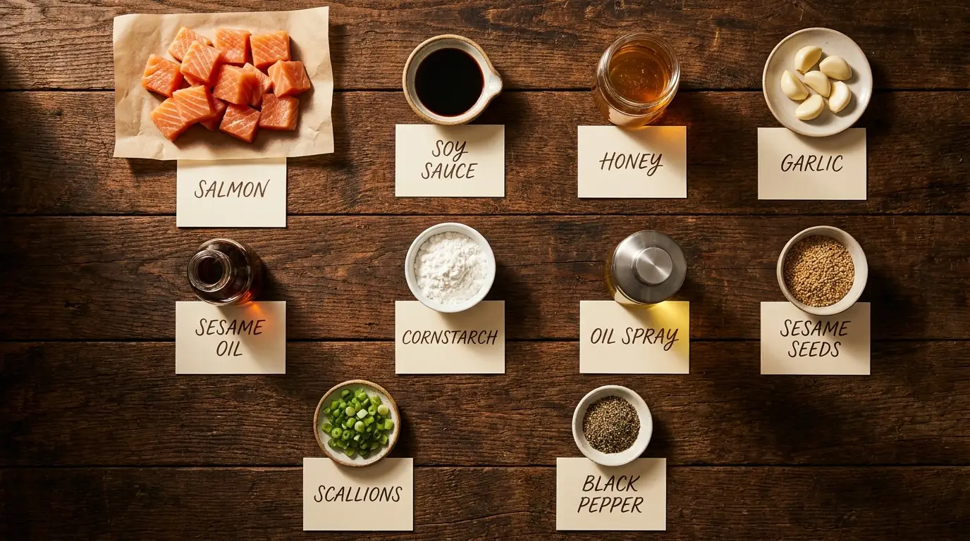 All ingredients for Air Fryer Salmon Bites, labeled