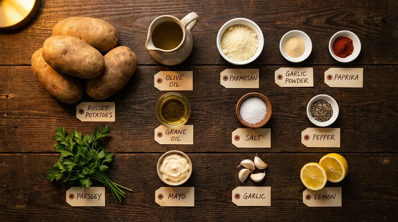 All ingredients for Air Fryer Garlic Parmesan Potato Wedges, labeled