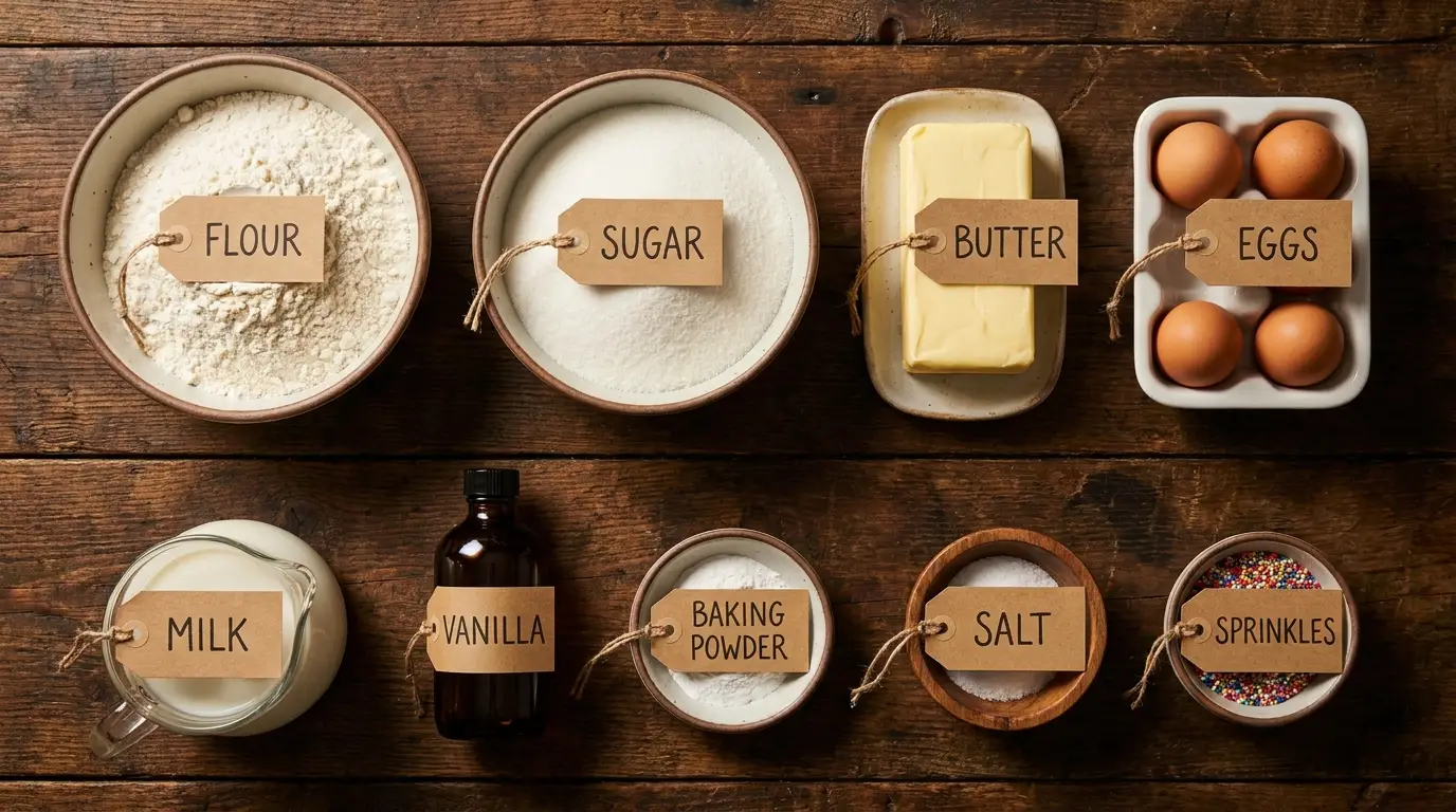 All ingredients for Vanilla Birthday Sheet Cake, labeled