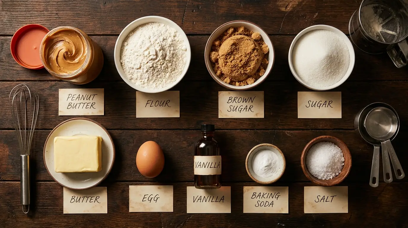 All ingredients for Soft Peanut Butter Cookies, labeled