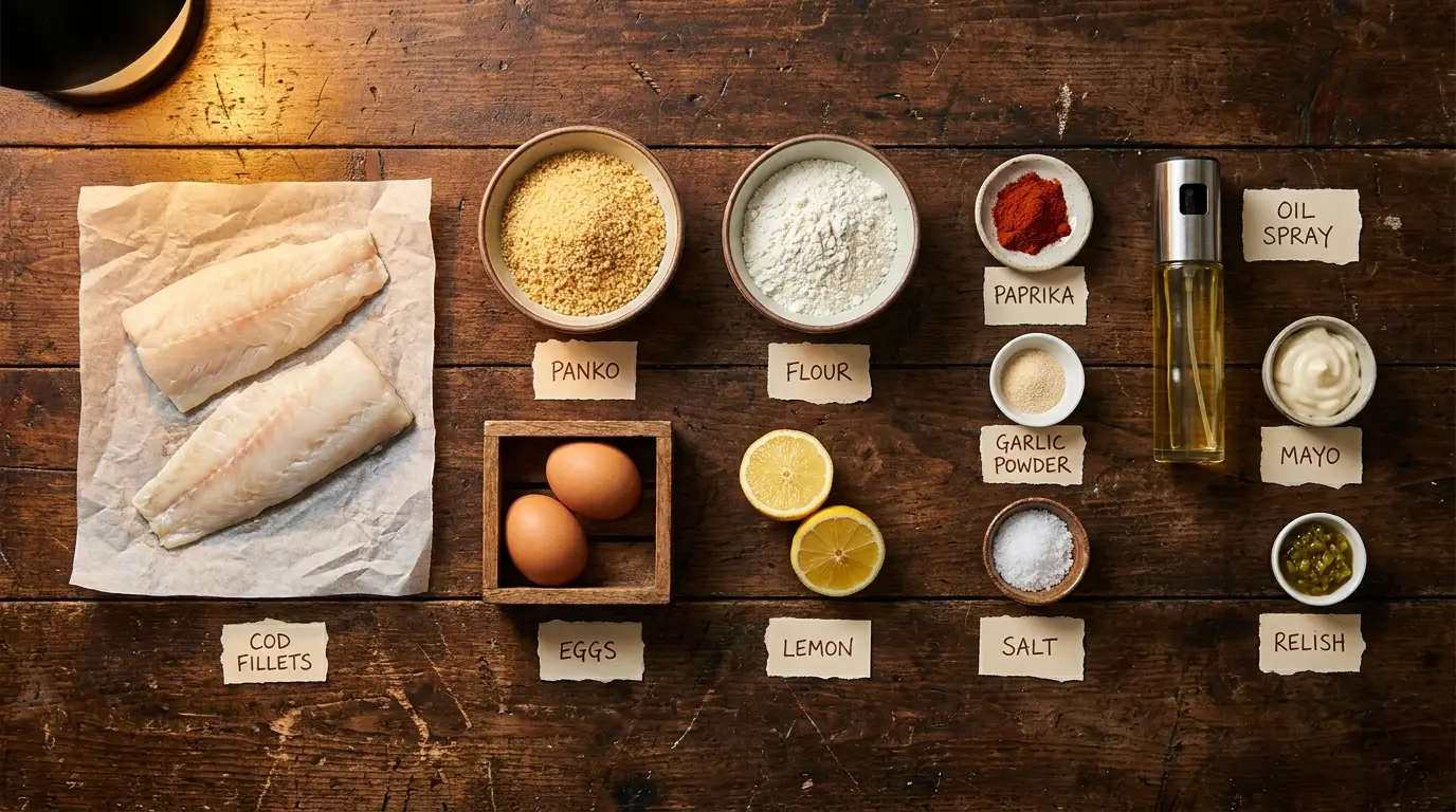 All ingredients for Air Fryer Crispy Fish Sticks, labeled