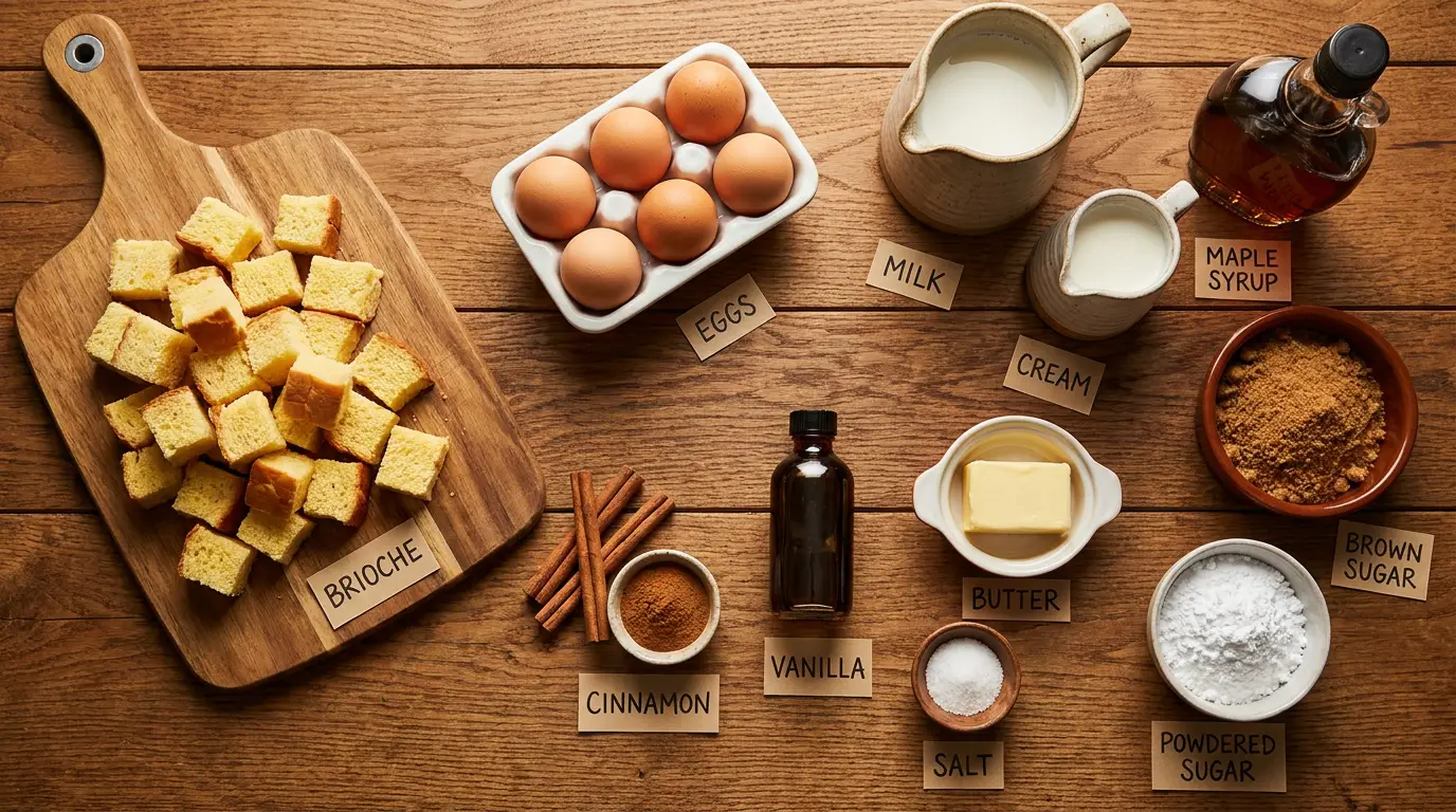 All ingredients for Overnight French Toast Casserole, labeled