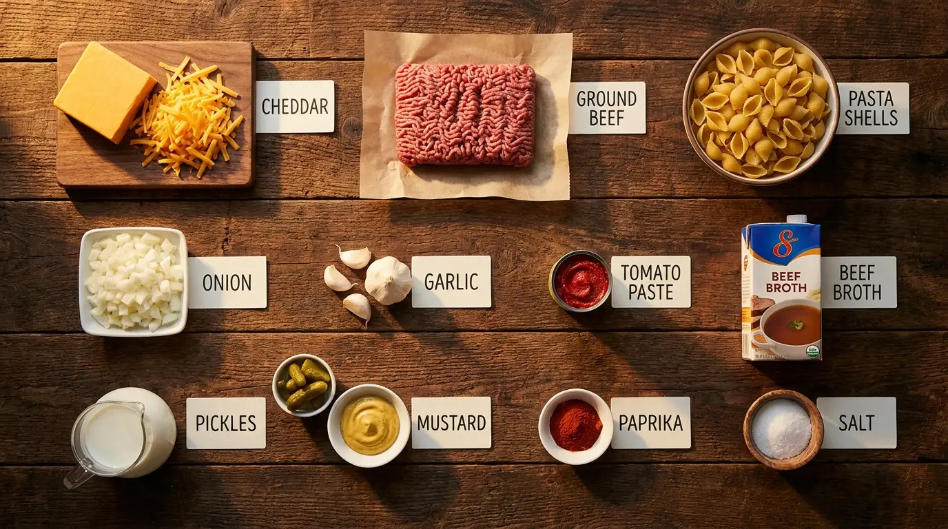 All ingredients for One-Pot Cheeseburger Pasta, labeled