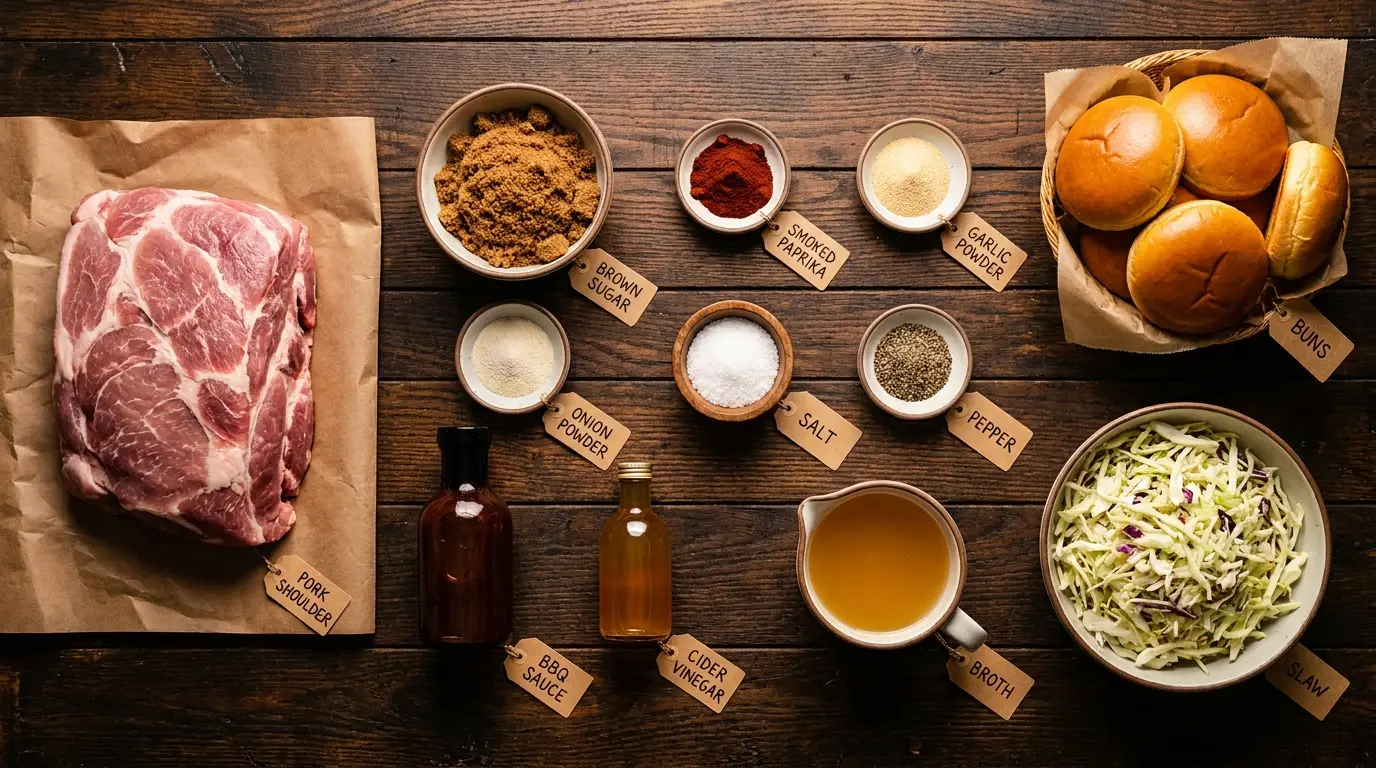 All ingredients for Slow Cooker Pulled Pork Sandwiches, labeled