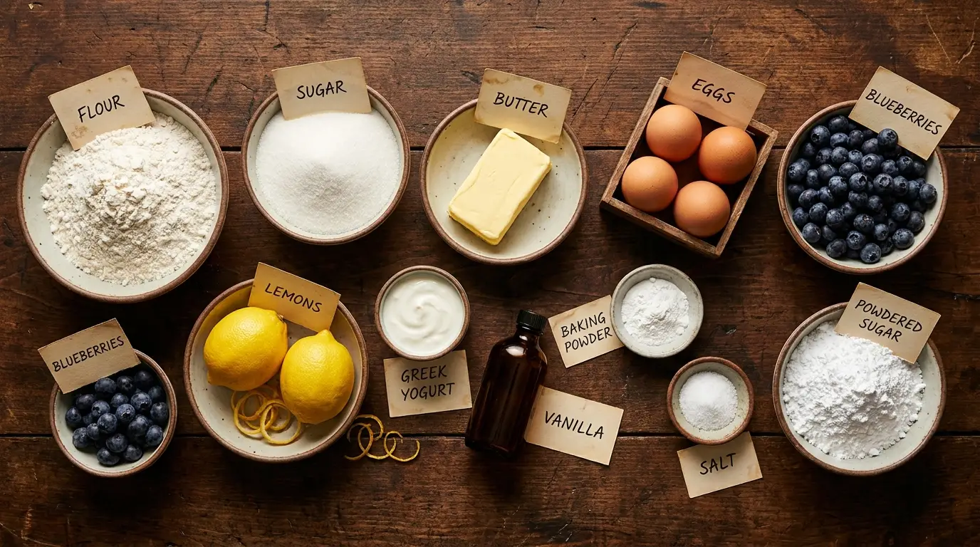 All ingredients for Lemon Blueberry Loaf Cake, labeled