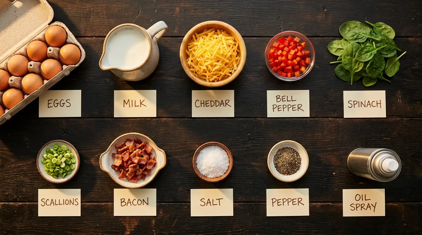 All ingredients for Cheesy Breakfast Egg Muffins, labeled