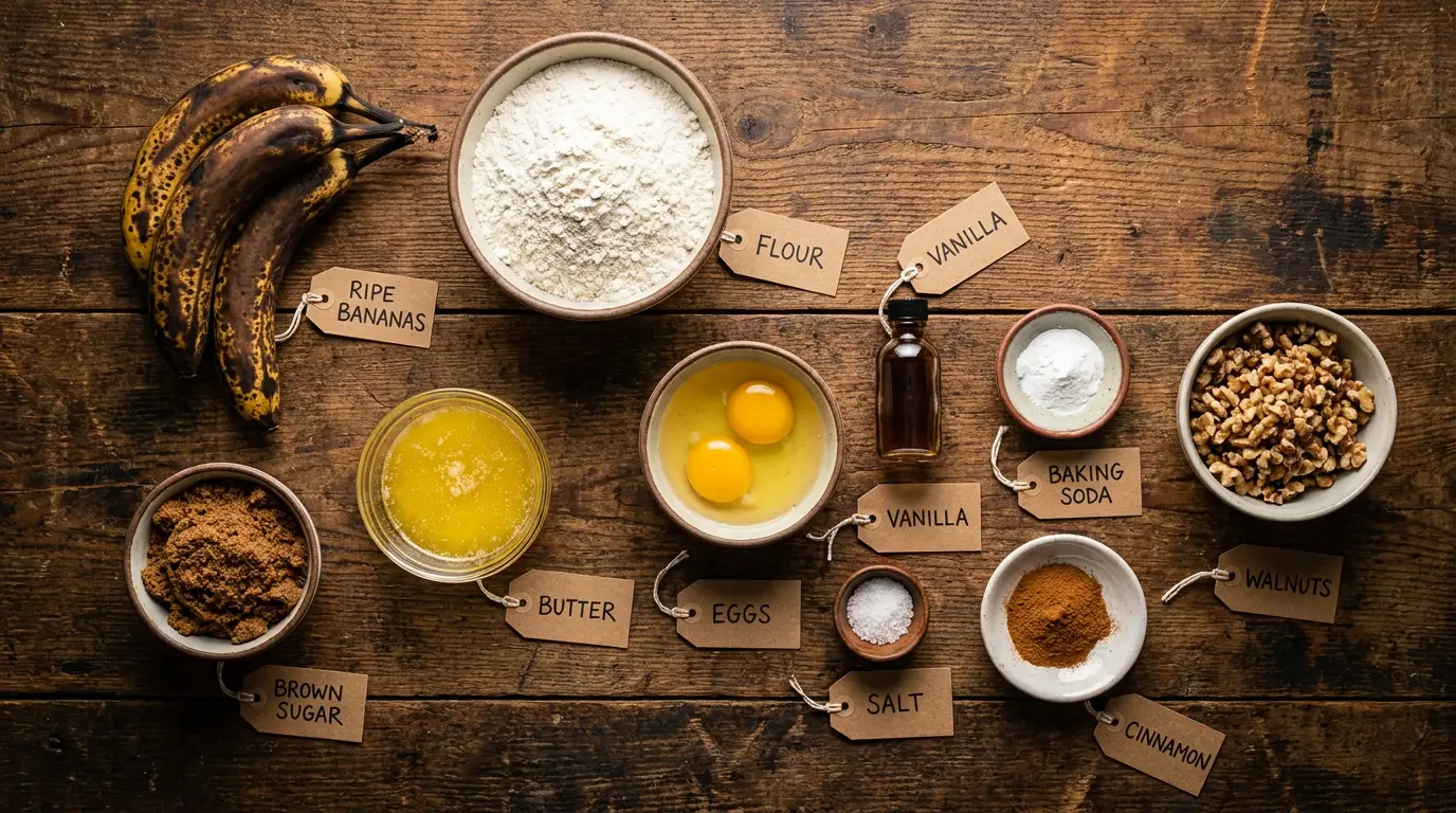 All ingredients for Banana Bread That Never Fails, labeled