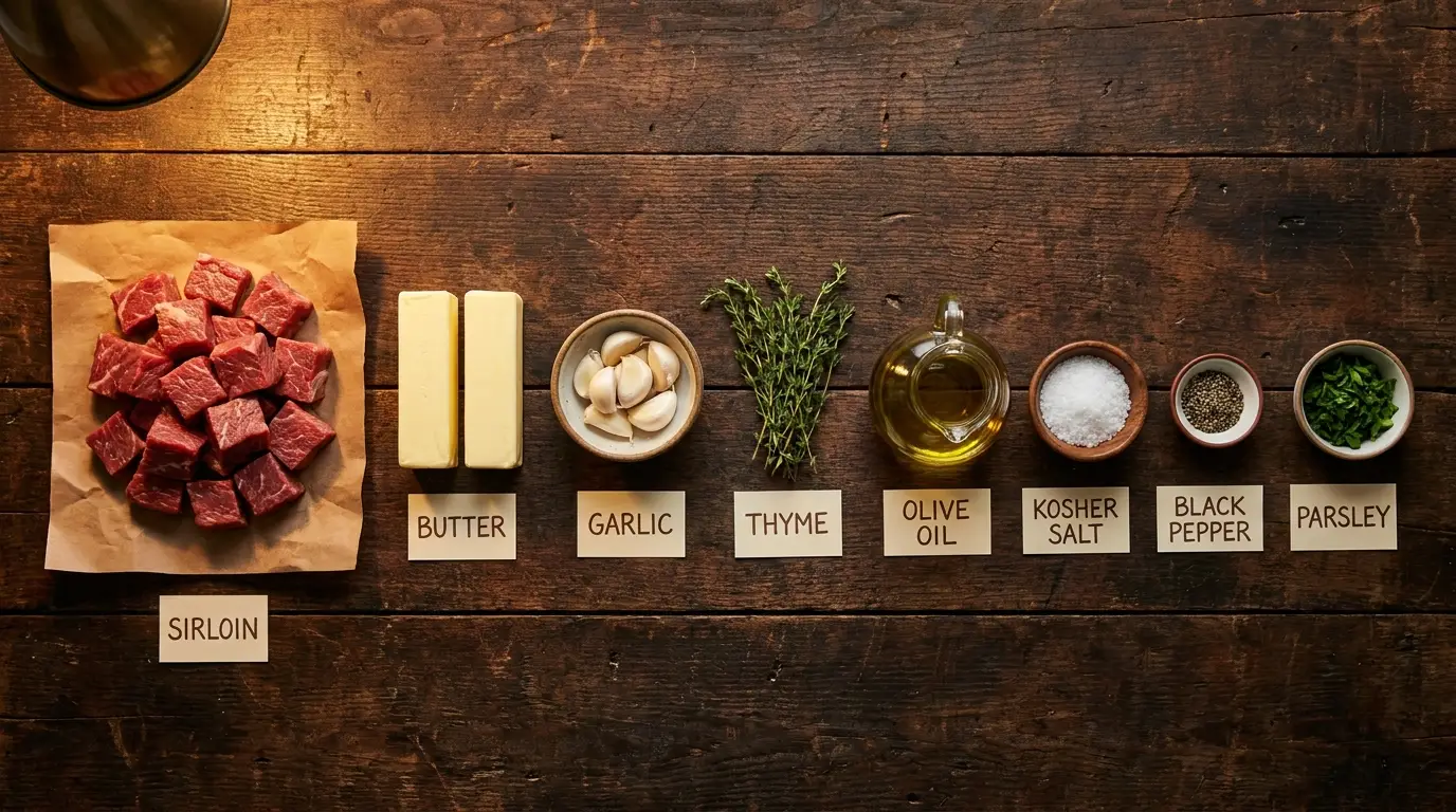 All ingredients for Garlic Butter Steak Bites, labeled