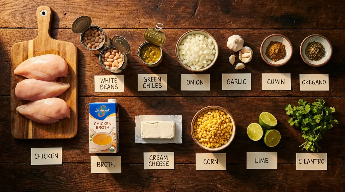 All ingredients for Creamy White Chicken Chili, labeled