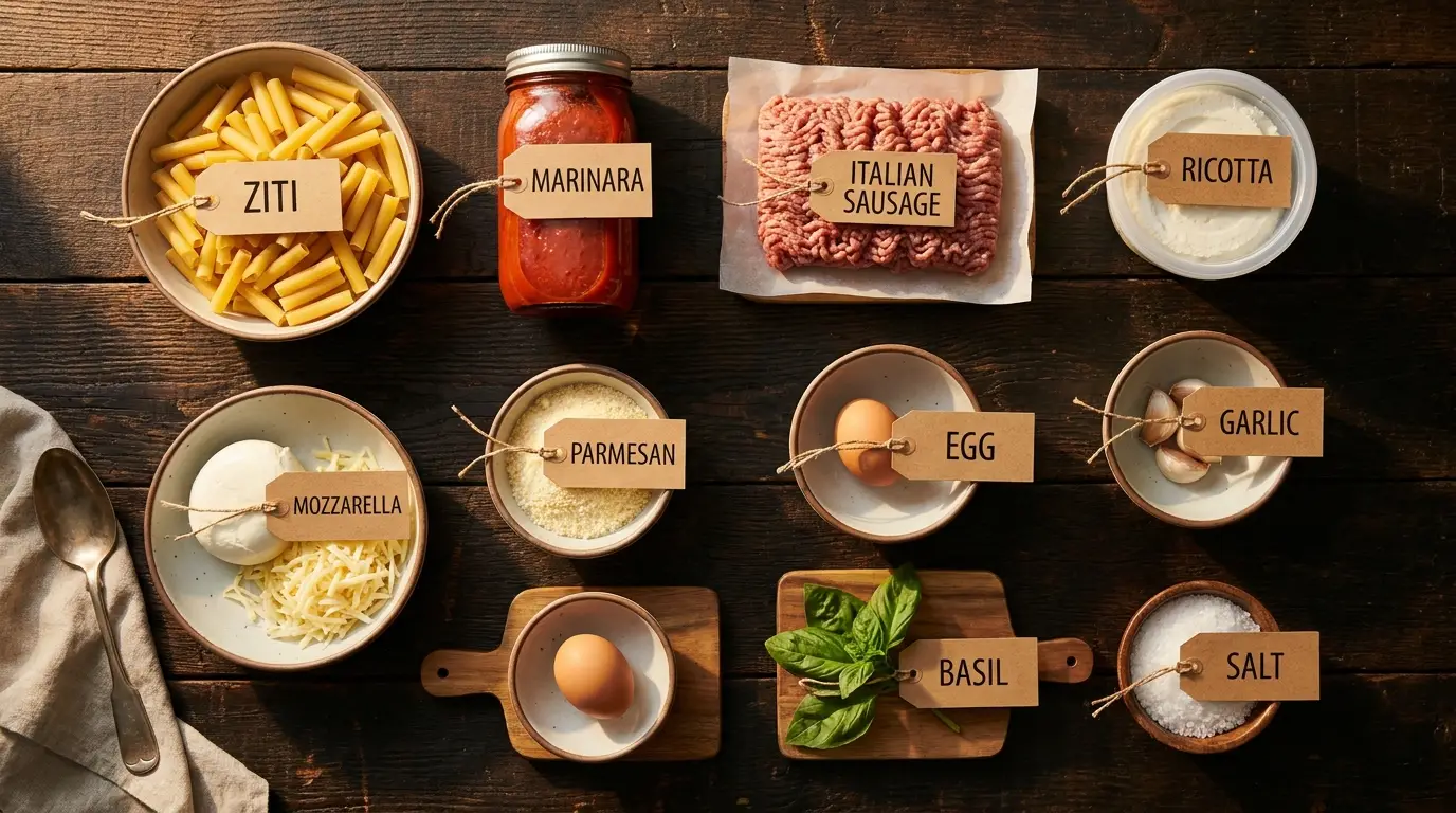 All ingredients for Baked Ziti With the Extra Middle, labeled