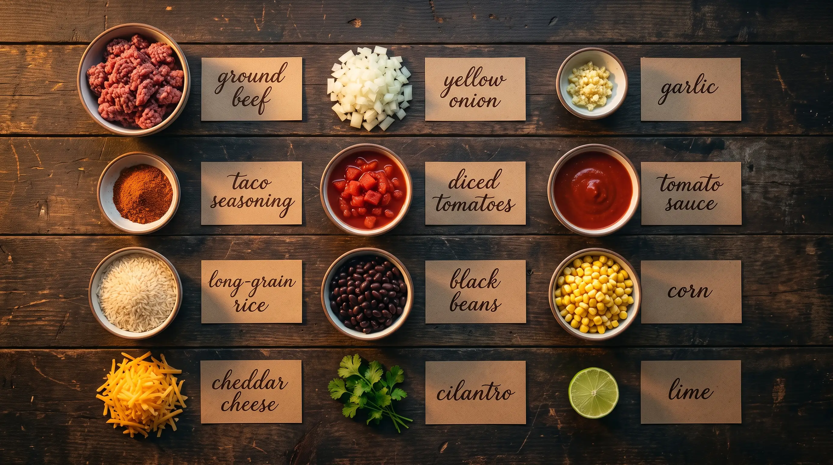 All ingredients for Cheesy Beef Taco Skillet, labeled