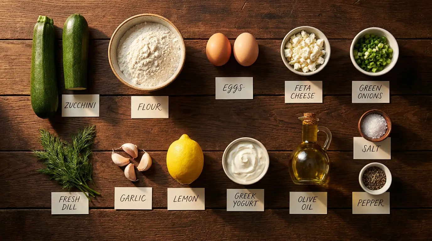 All ingredients for Crispy Zucchini Fritters, labeled