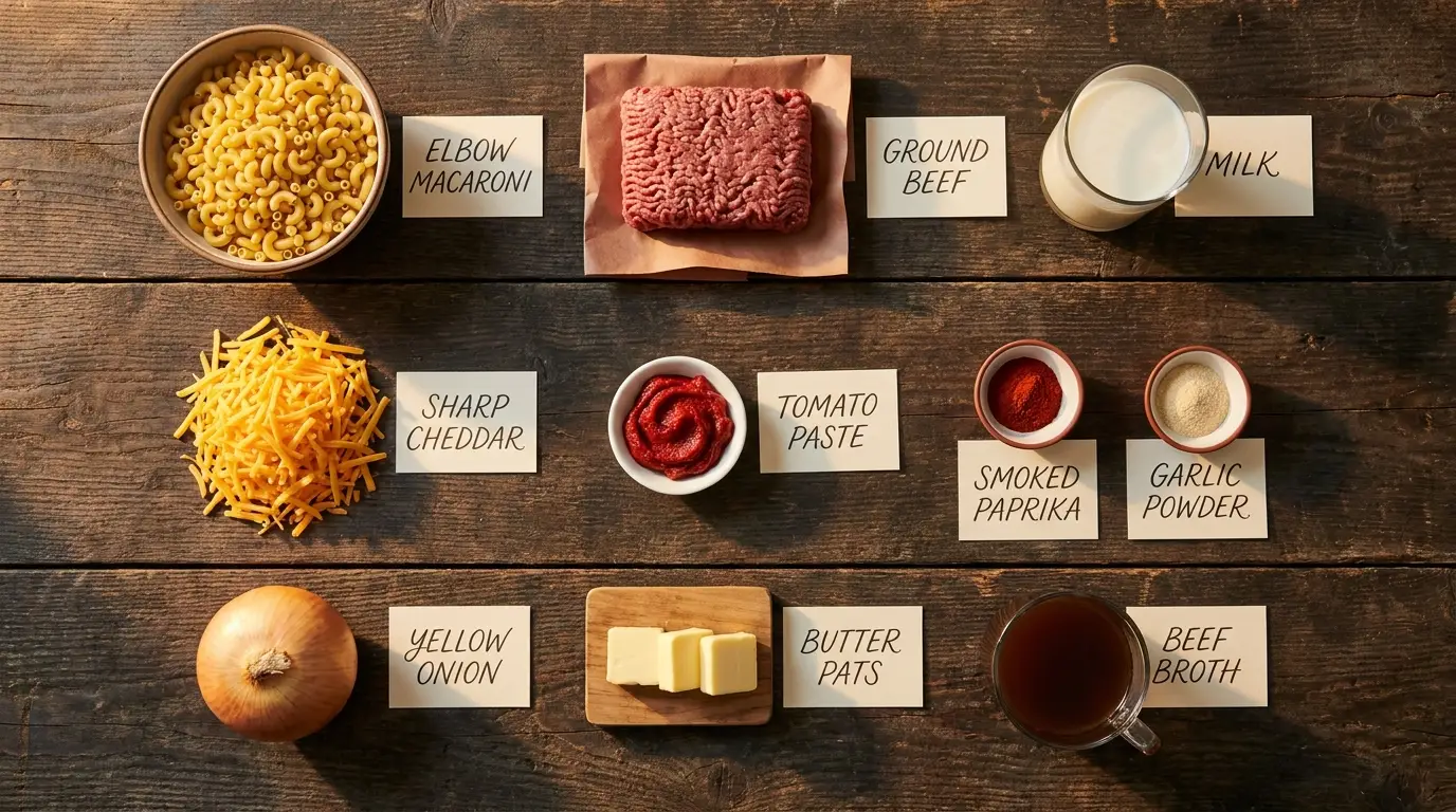 All ingredients for Homemade Hamburger Helper, labeled