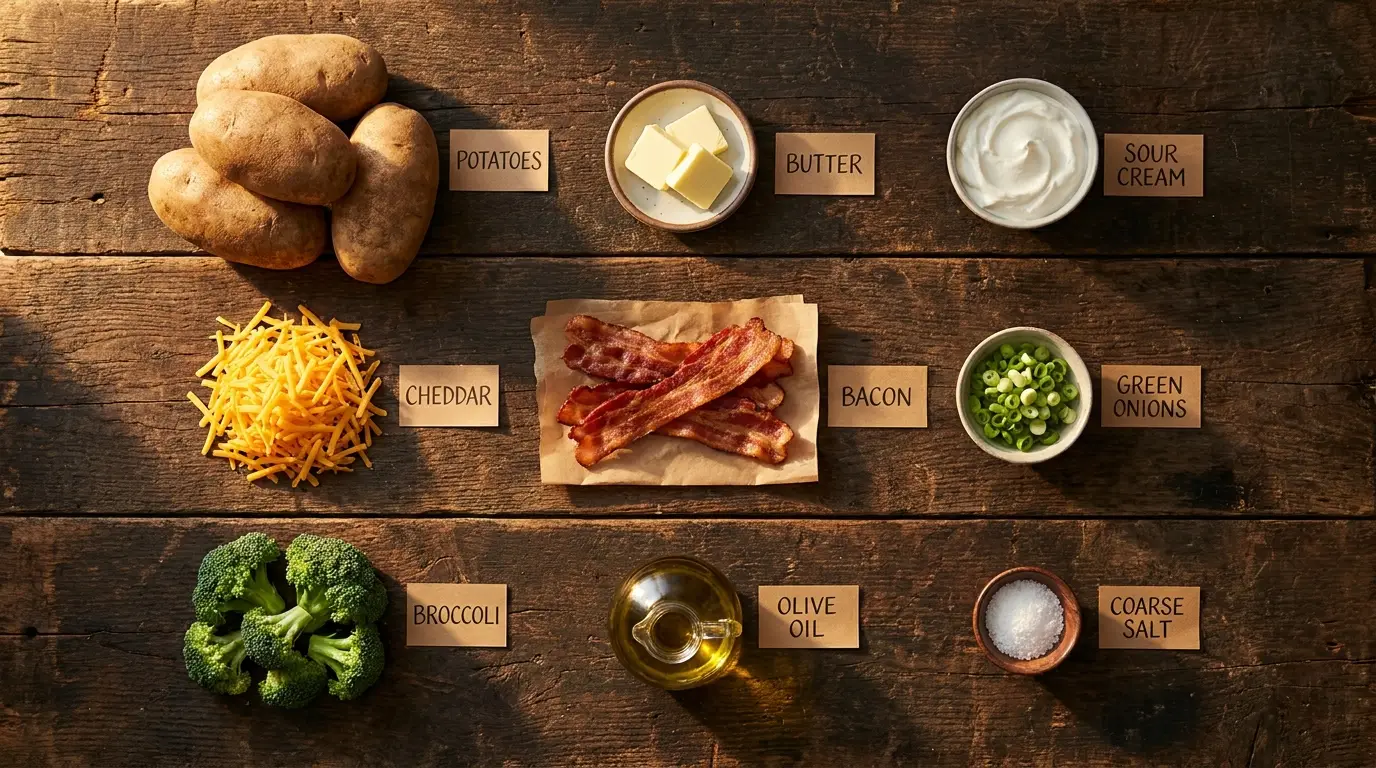 All ingredients for Baked Potato Bar Night, labeled