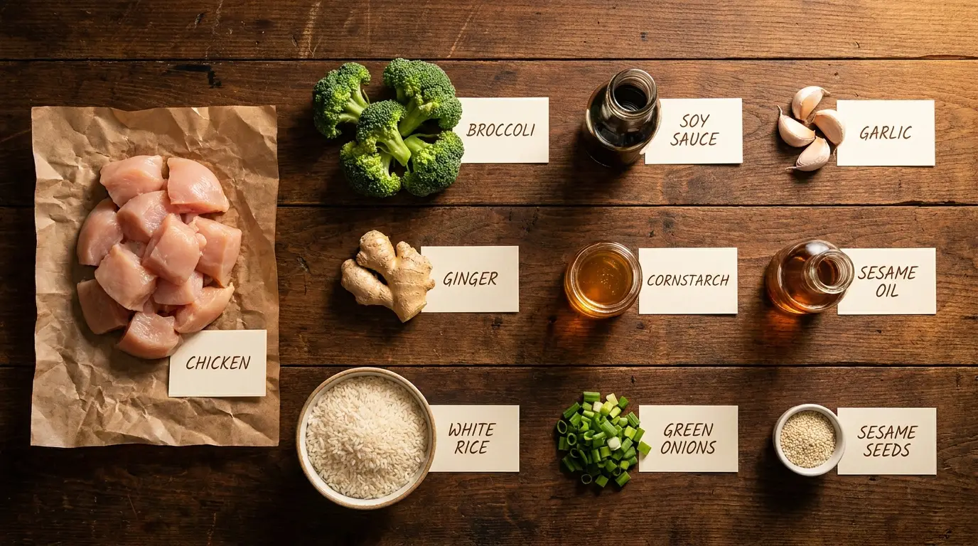 All ingredients for Chicken and Broccoli Stir-Fry, labeled