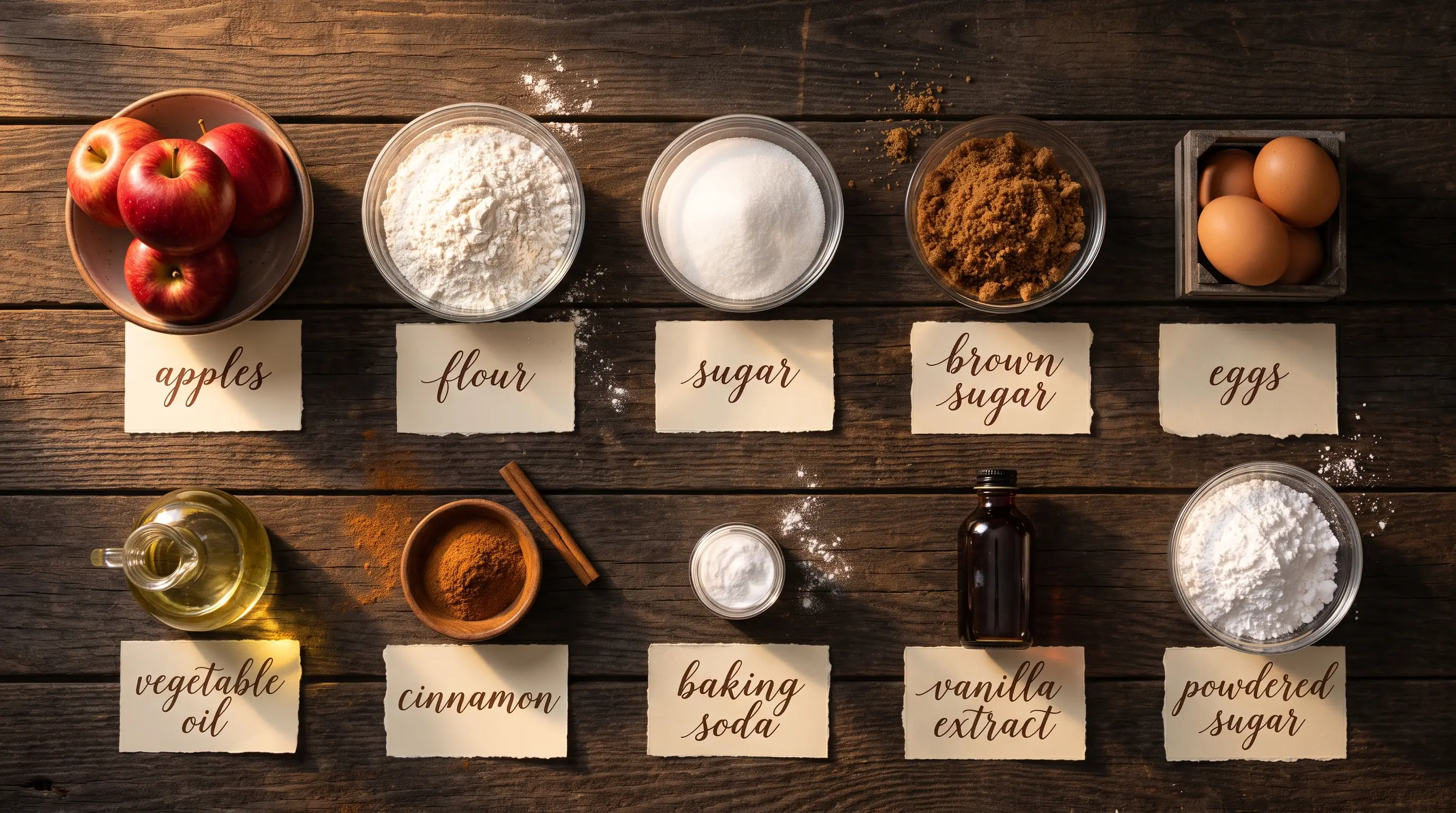 All ingredients for Cinnamon Apple Snack Cake, labeled