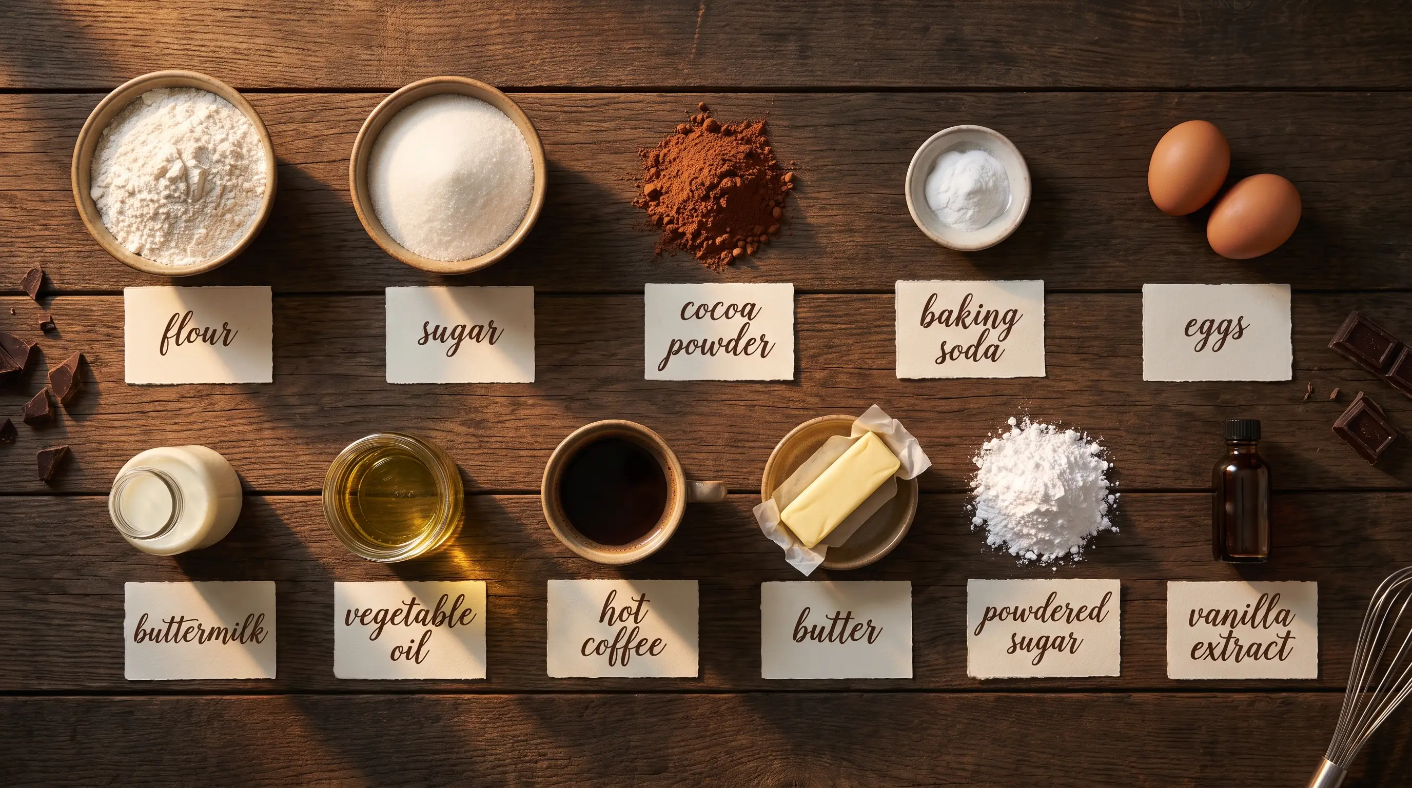 All ingredients for Chocolate Cupcakes with Cloud Frosting, labeled