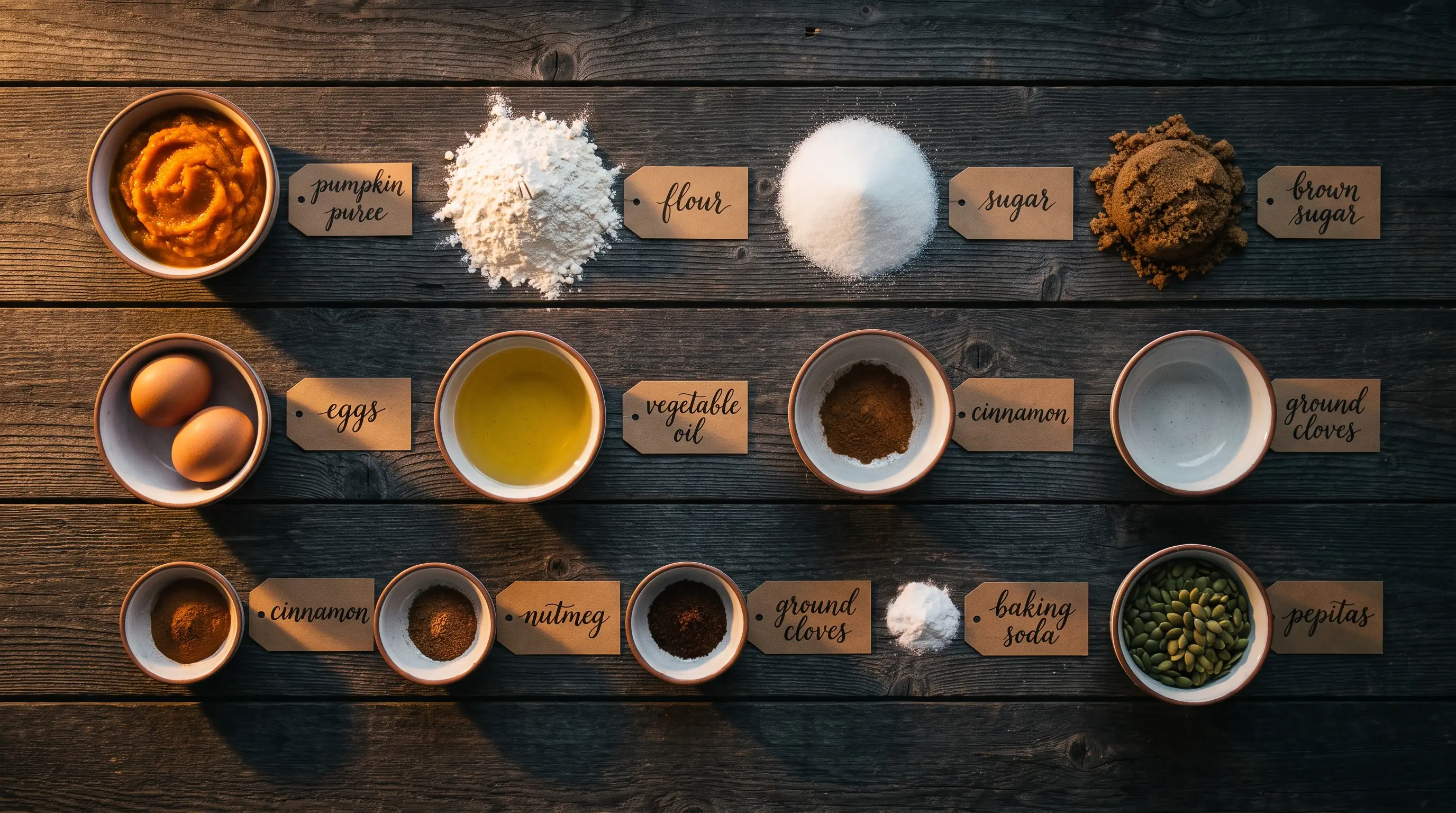 All ingredients for Pumpkin Bread for Sweater Season, labeled