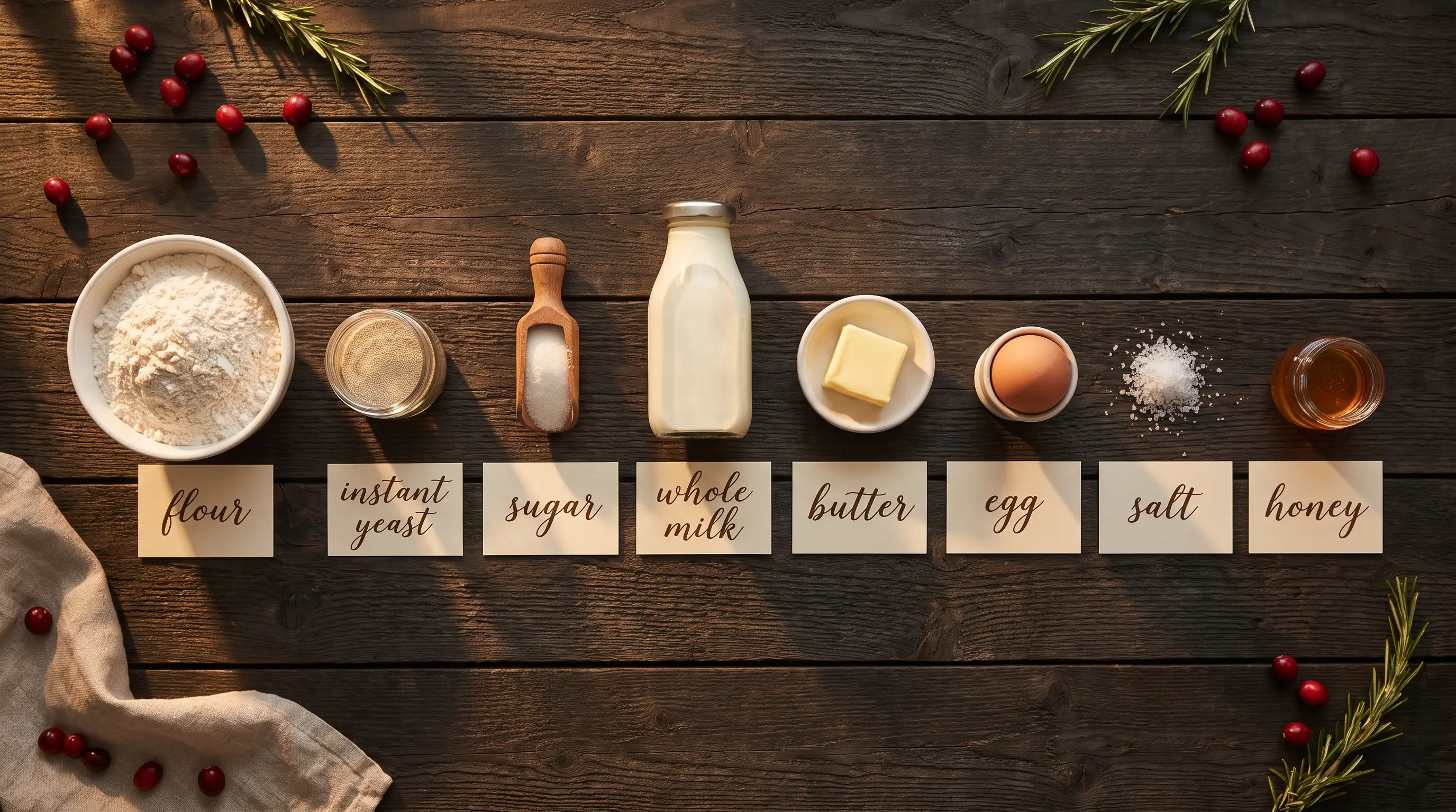 All ingredients for Fluffy Dinner Rolls, labeled