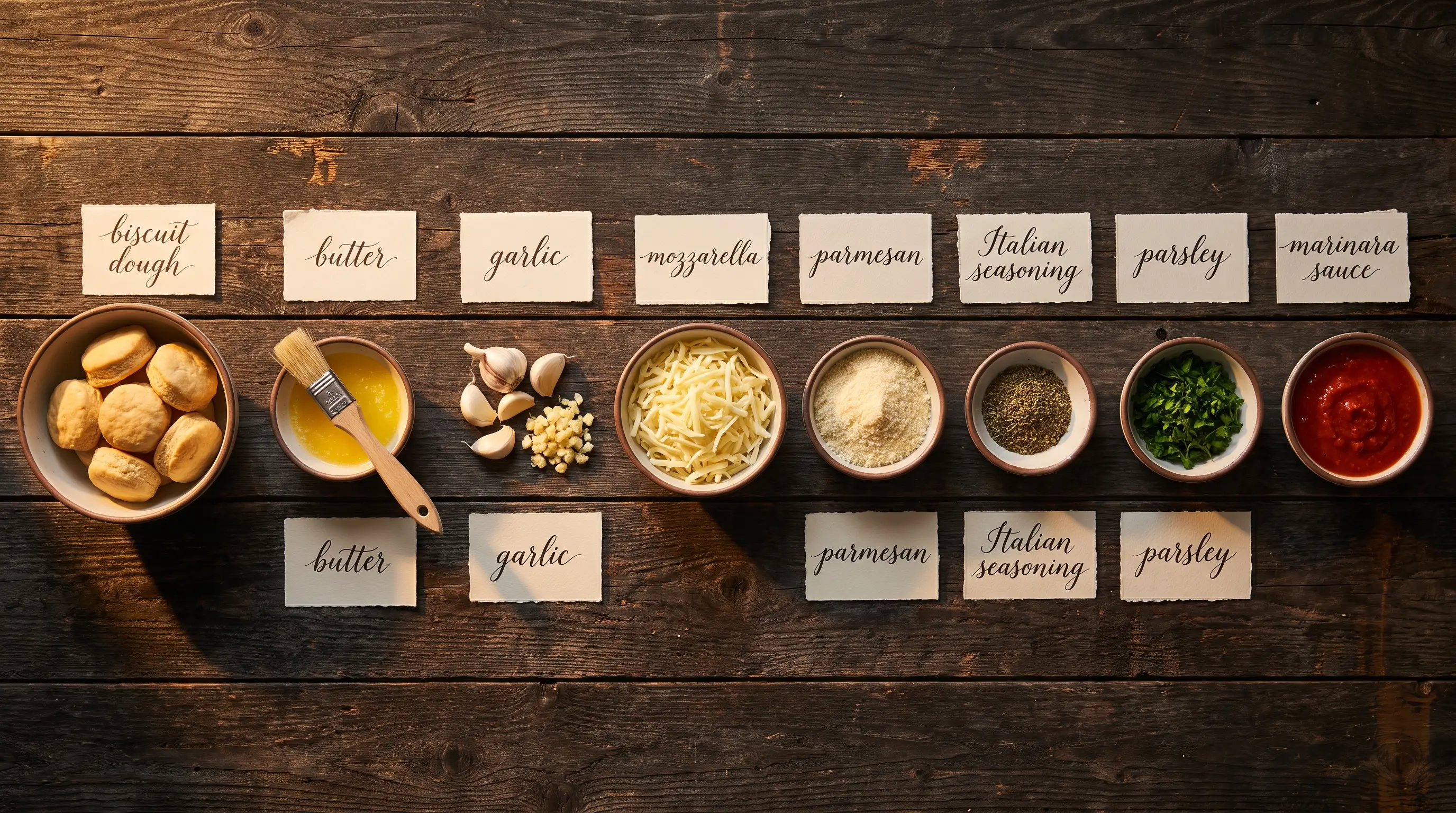 All ingredients for Cheesy Garlic Pull-Apart Bread, labeled