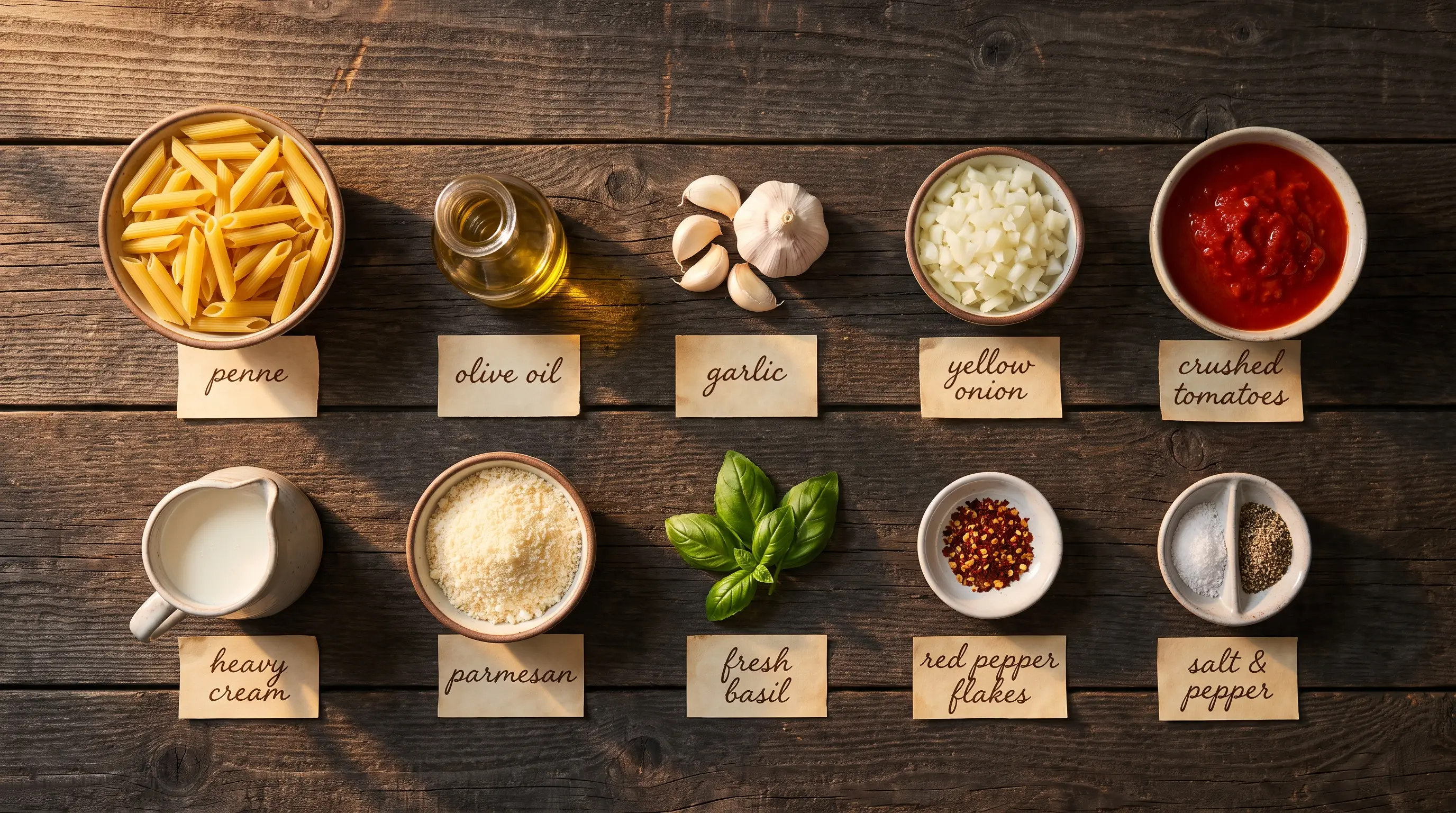 All ingredients for Creamy Tomato Basil Pasta, labeled