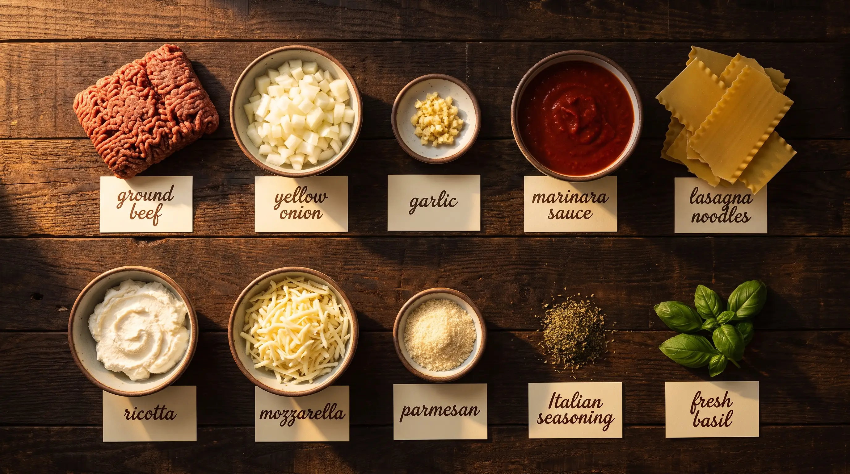 All ingredients for Lazy Lasagna Skillet, labeled