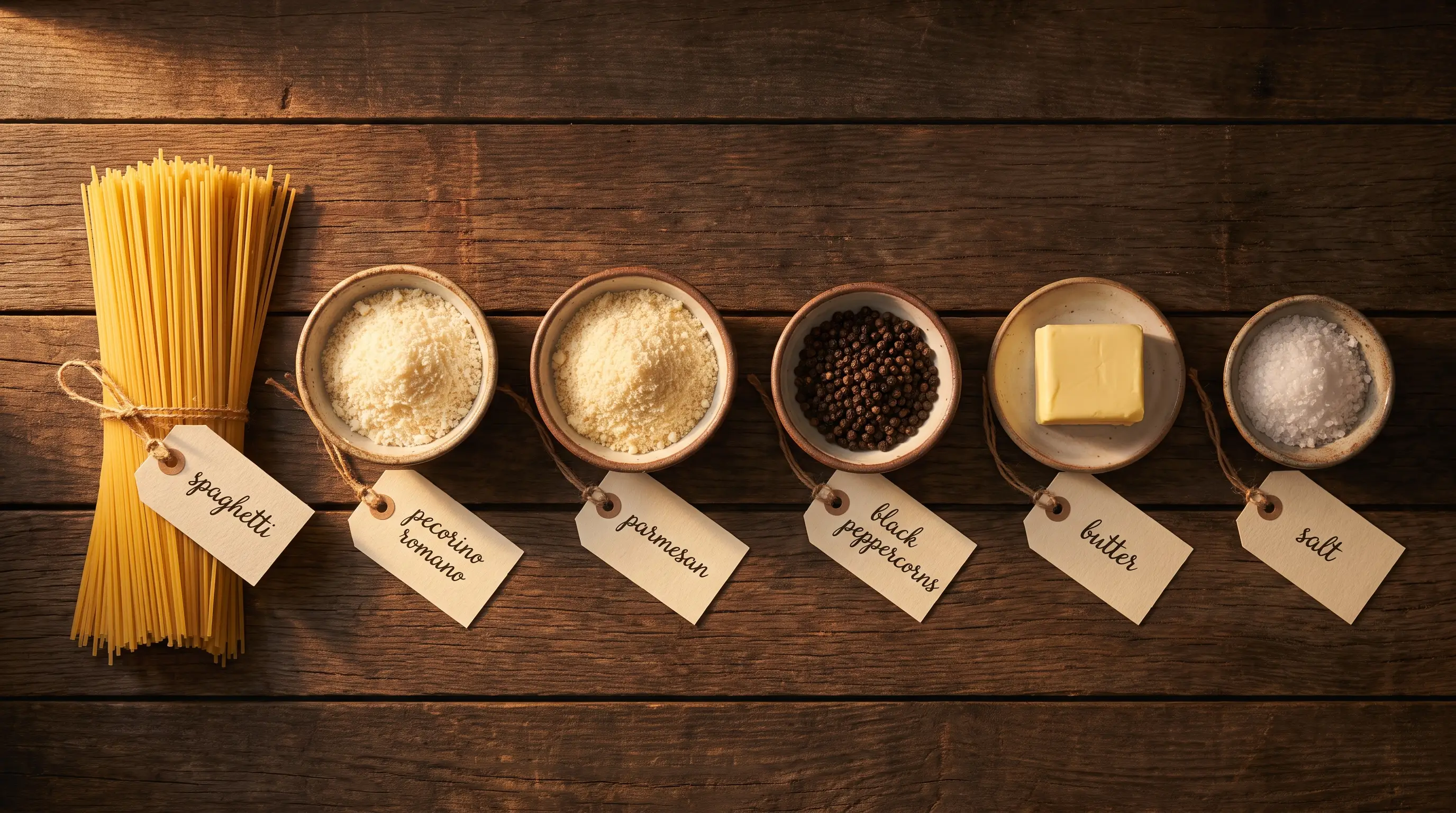 All ingredients for Cacio e Pepe for Real Kitchens, labeled