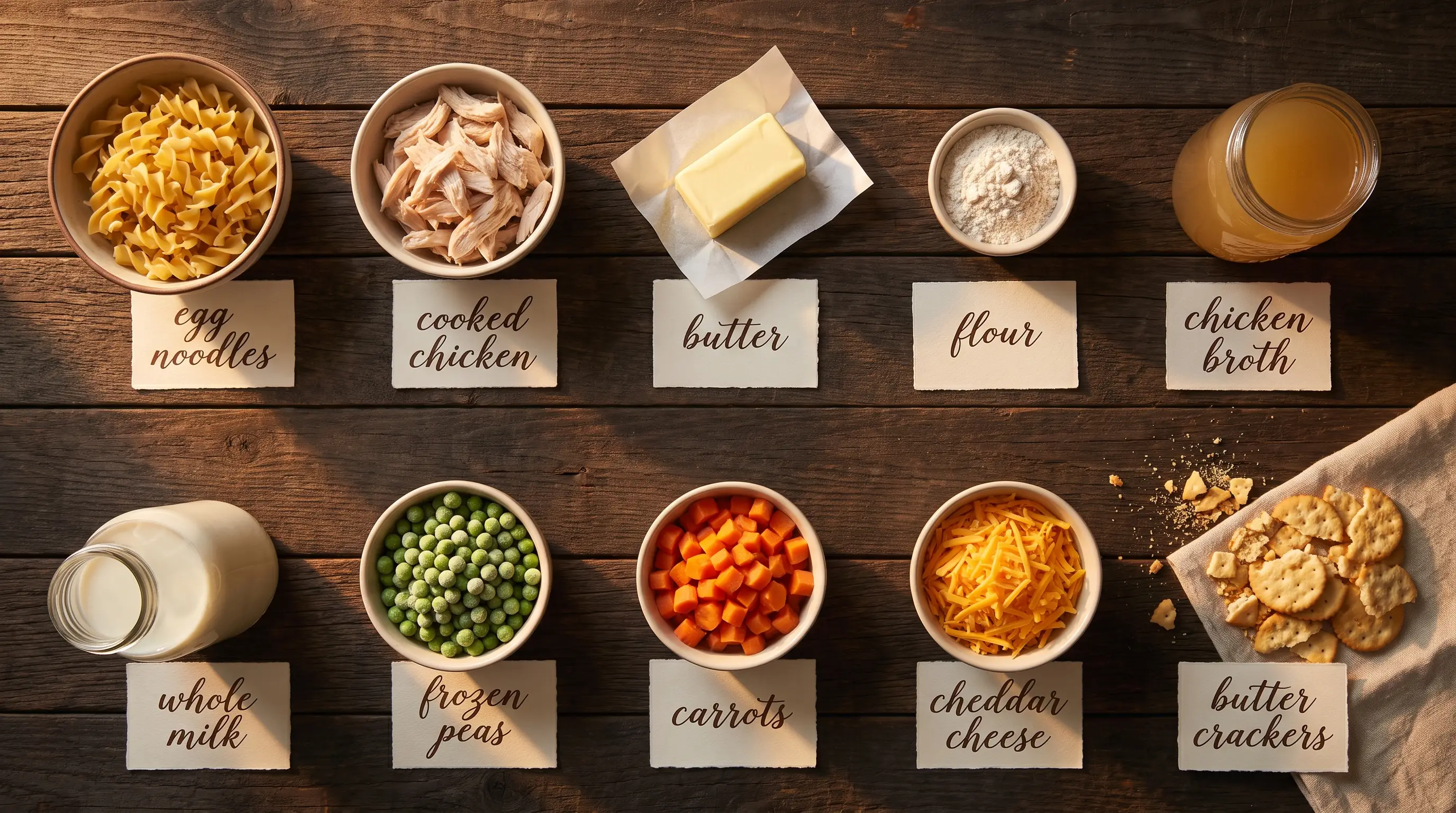 All ingredients for Chicken Noodle Casserole, labeled