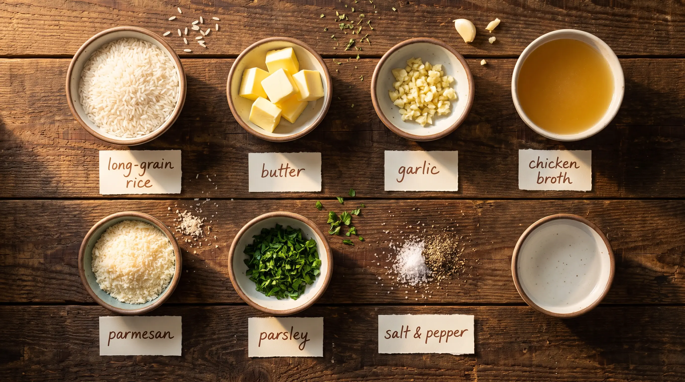 All ingredients for Garlic Parmesan Rice, labeled