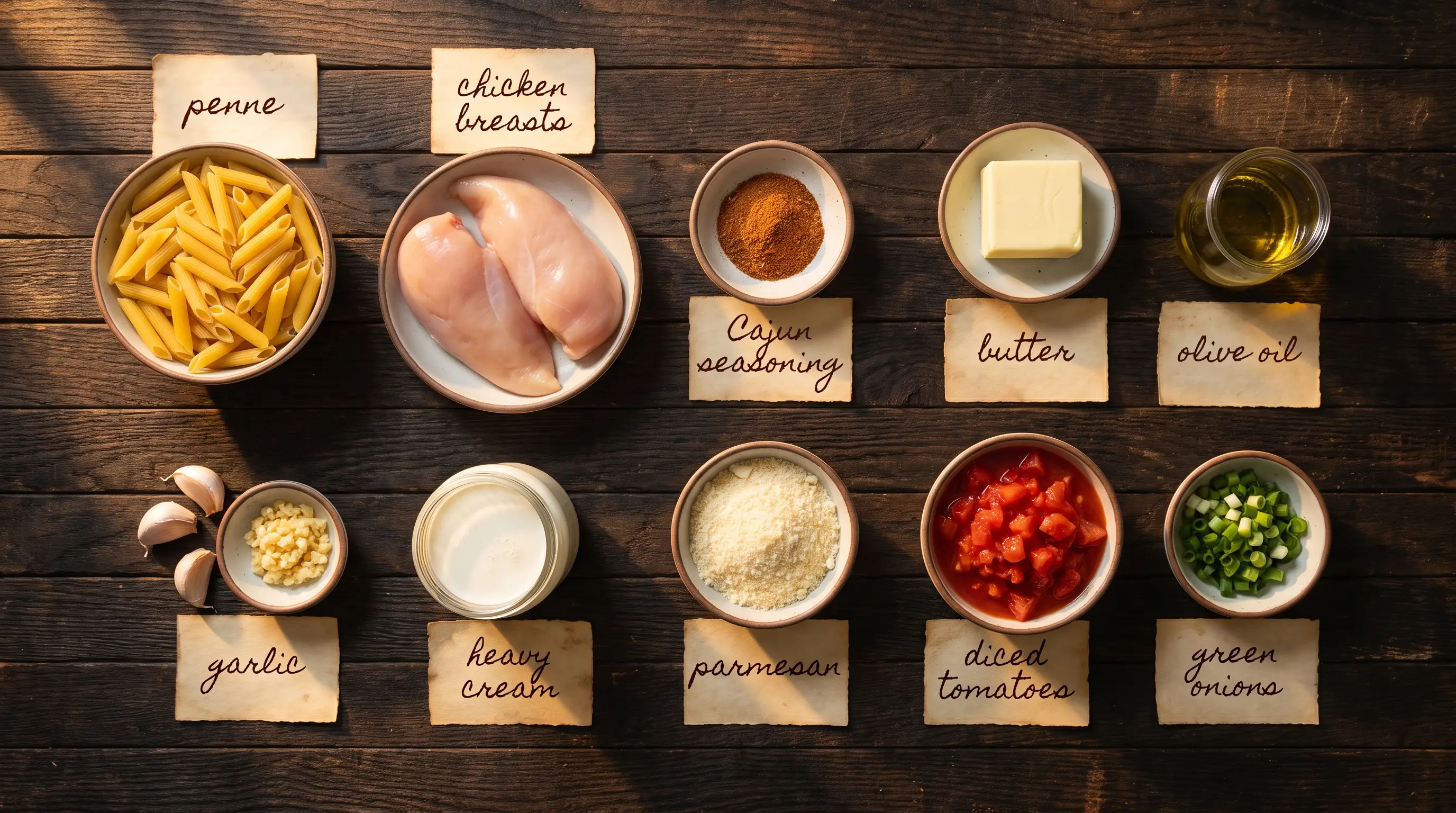 All ingredients for Creamy Cajun Chicken Pasta, labeled