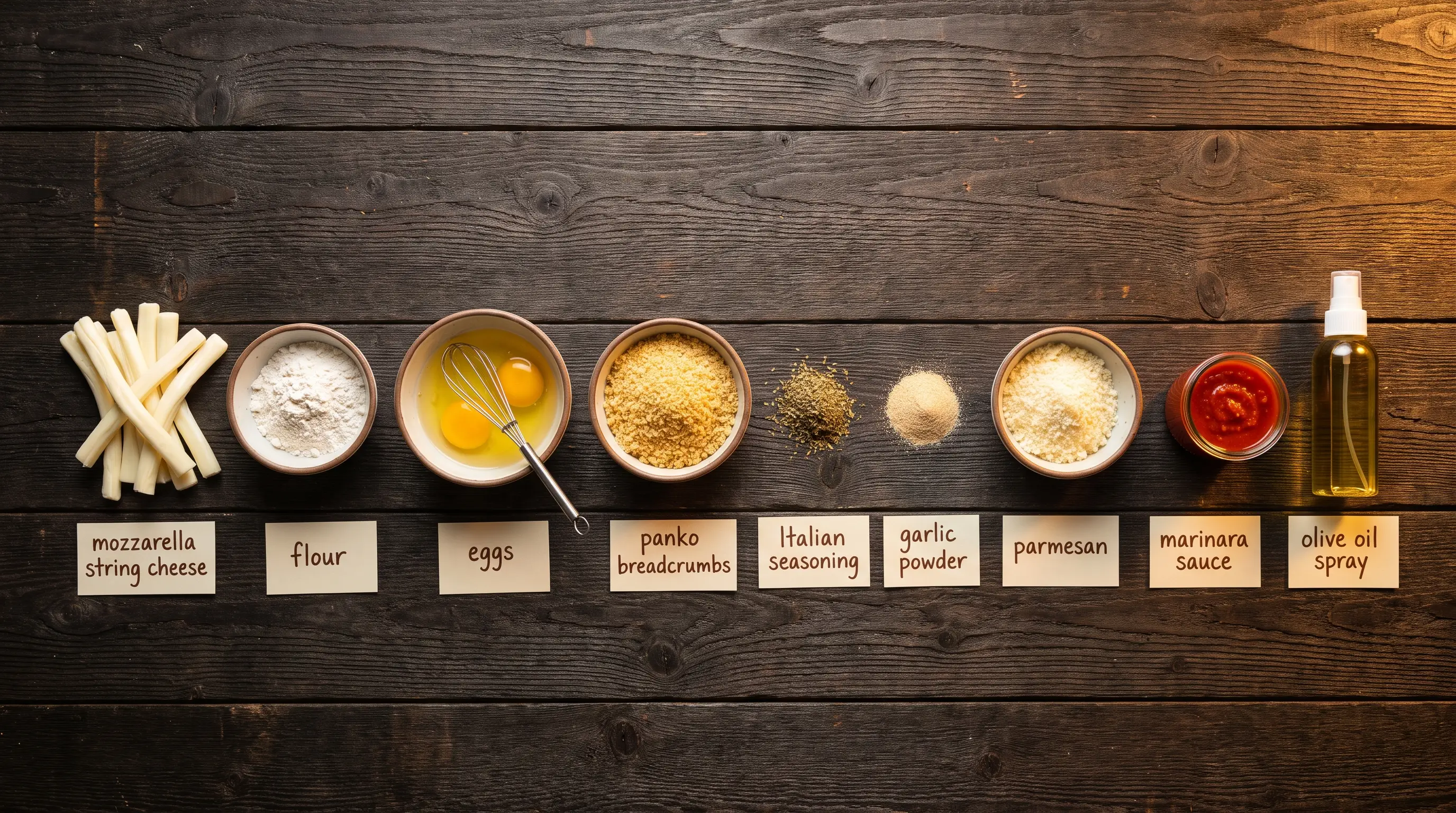 All ingredients for Crispy Air Fryer Mozzarella Sticks, labeled