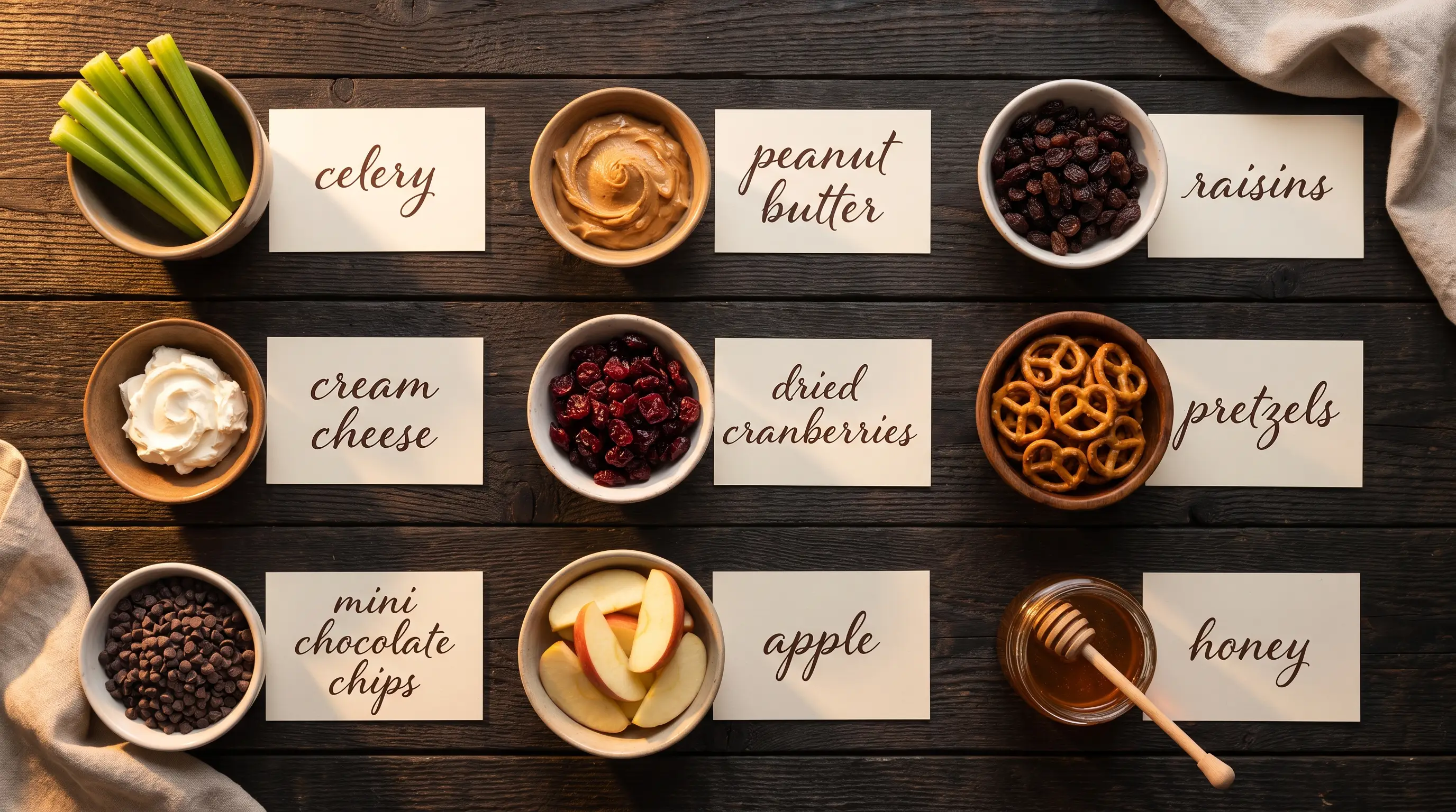 All ingredients for Ants on a Log, Plus 5 Upgrades, labeled