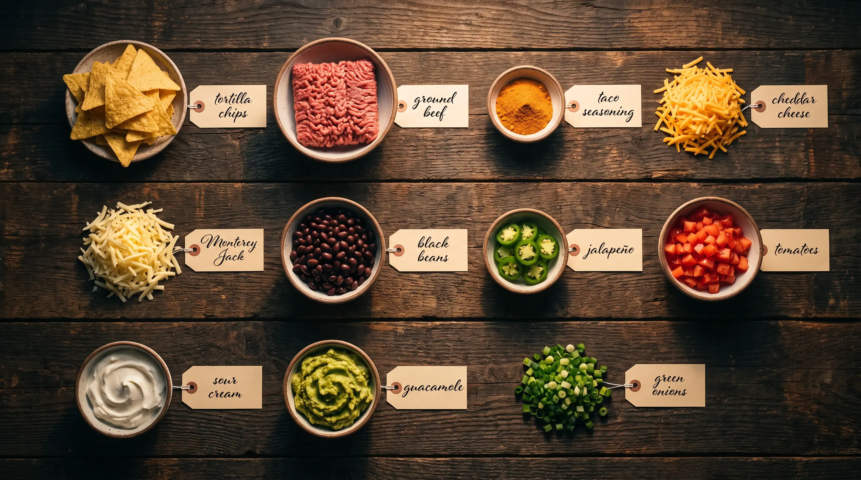All ingredients for Loaded Nachos, Structural Edition, labeled