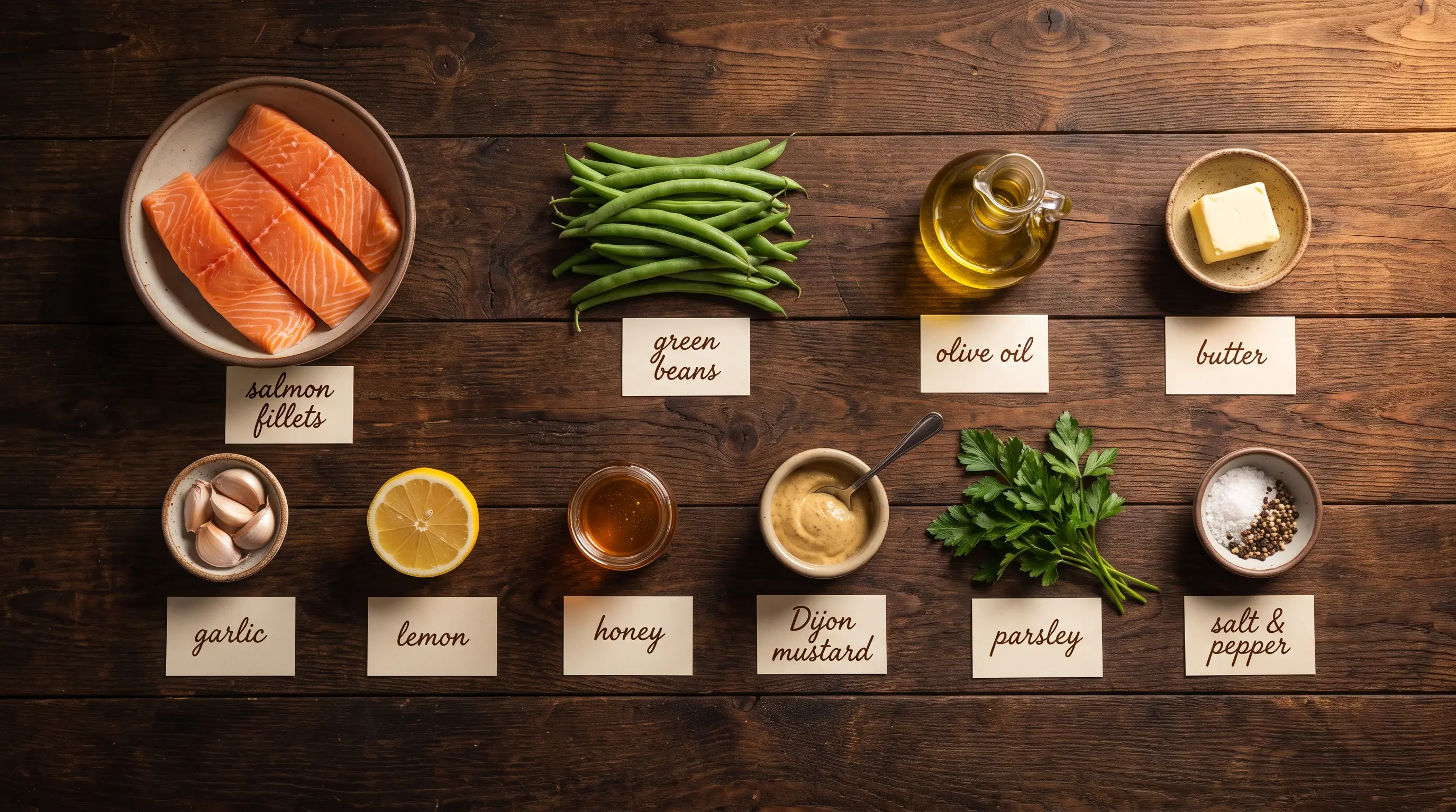 All ingredients for Baked Salmon with Green Beans, labeled