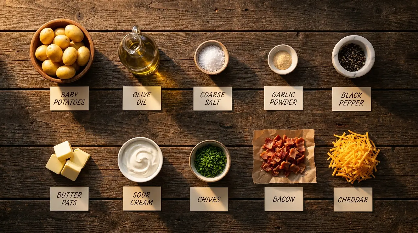 All ingredients for Crispy Smashed Potatoes, labeled