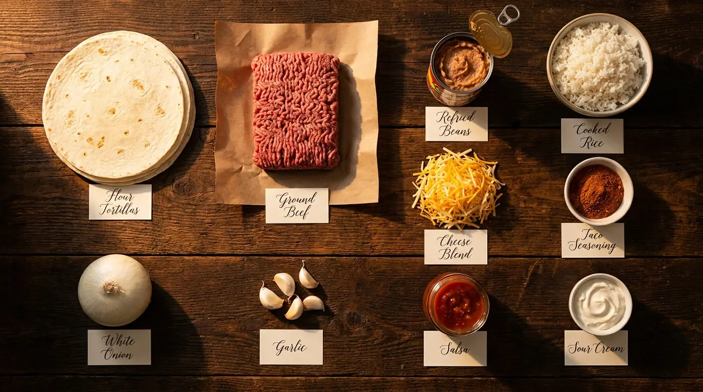 All ingredients for Beef and Bean Burritos, labeled