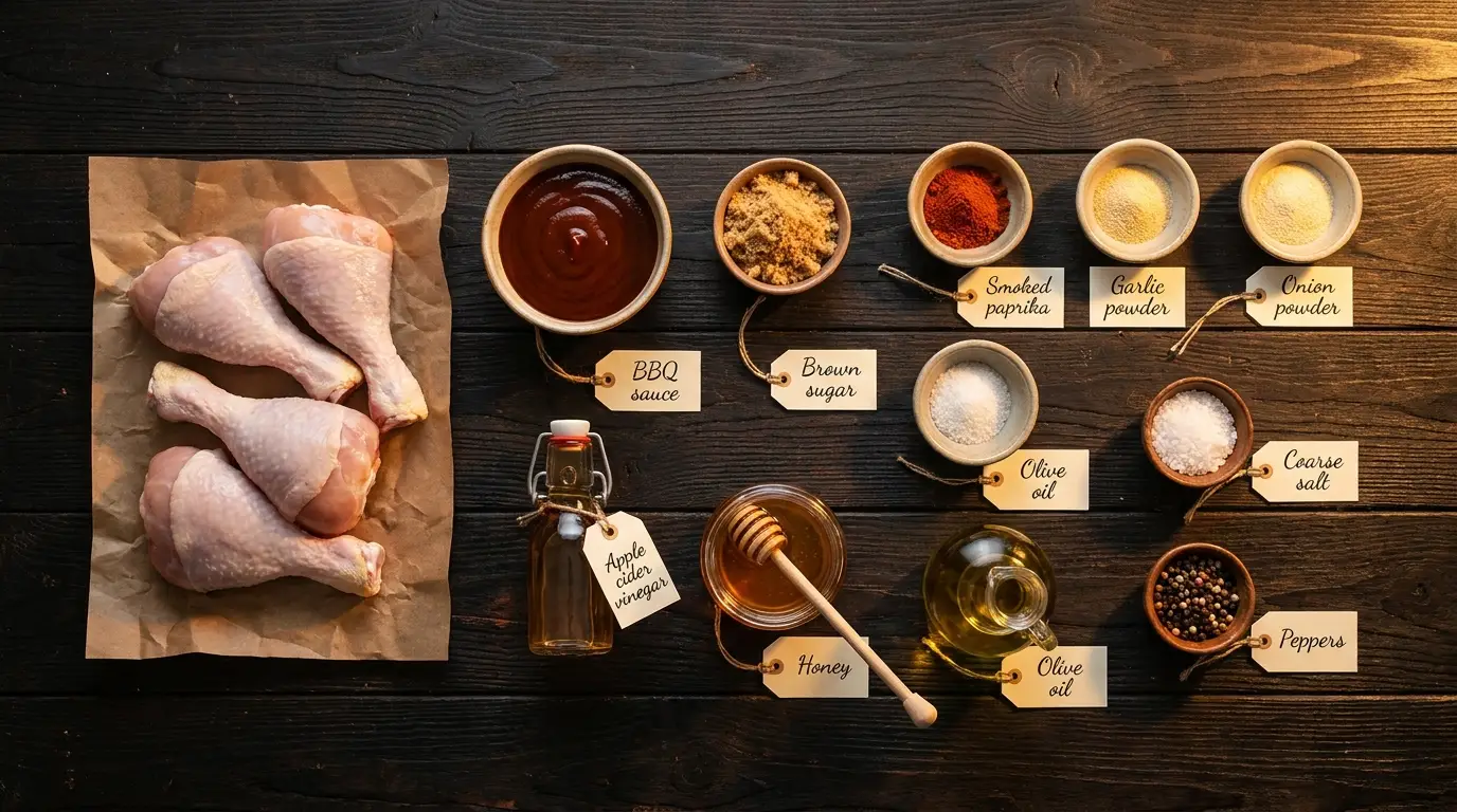 All ingredients for Baked BBQ Chicken Drumsticks, labeled
