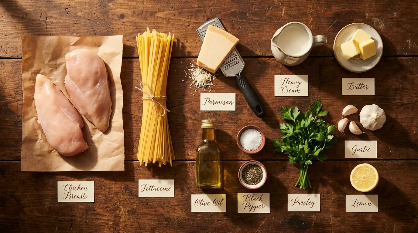 All ingredients for Chicken Alfredo Everyone Finishes, labeled