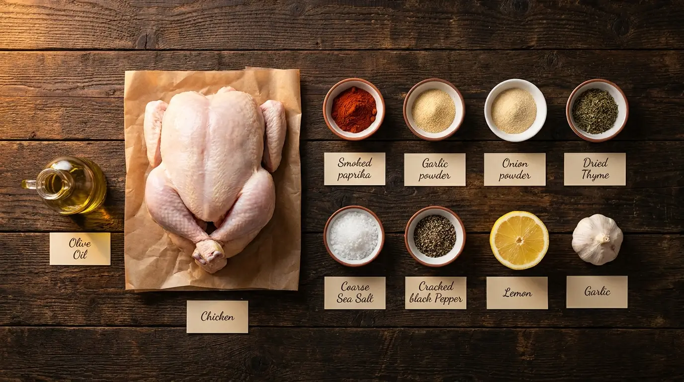 All ingredients for Air Fryer Whole Chicken, labeled