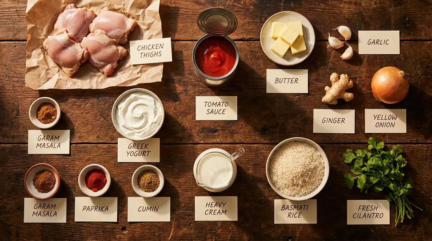 All ingredients for Butter Chicken, Weeknight-Gentle, labeled