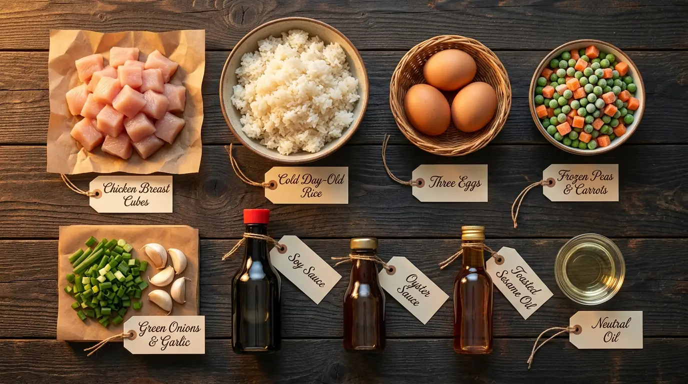 All ingredients for Chicken Fried Rice, labeled