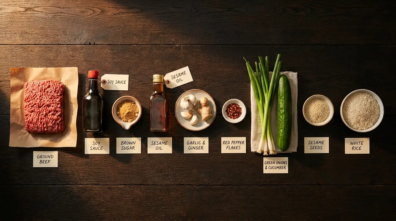 All ingredients for Korean-Style Beef Bowls, labeled