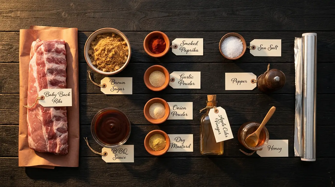 All ingredients for Oven Baby Back Ribs, labeled