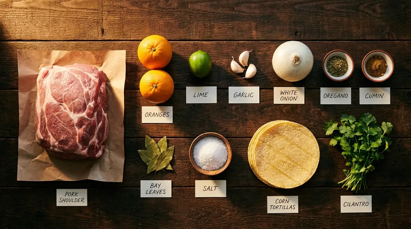 All ingredients for Crispy Slow Cooker Carnitas, labeled