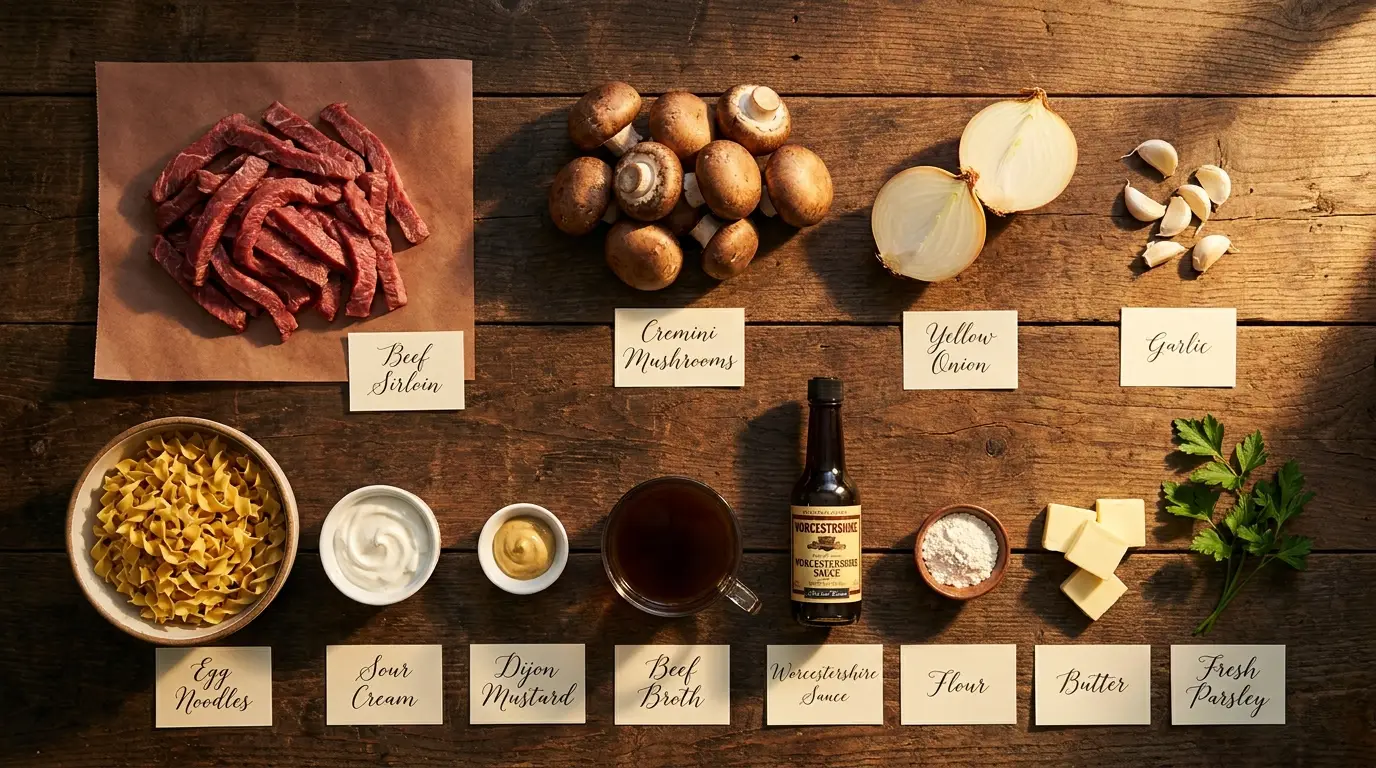 All ingredients for One-Pan Beef Stroganoff, labeled
