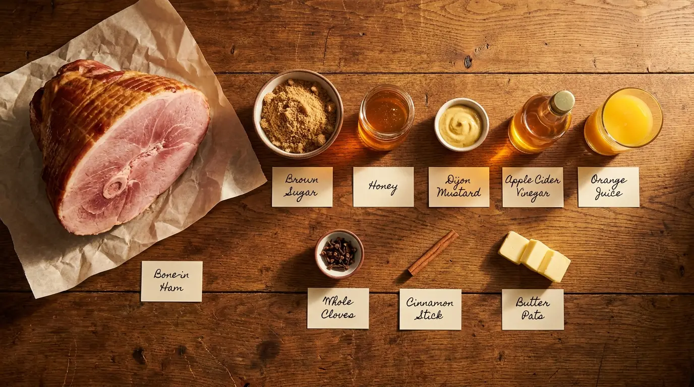 All ingredients for Brown Sugar Glazed Ham, labeled