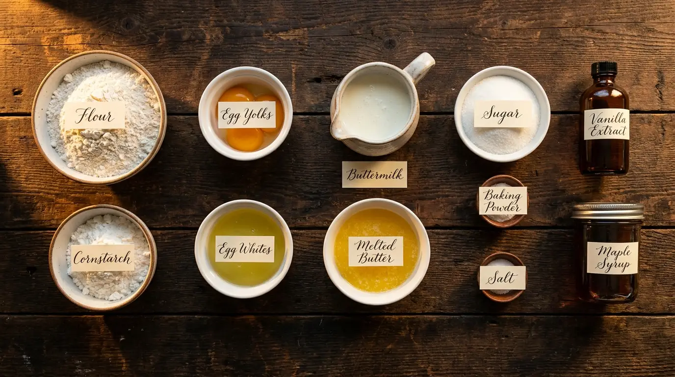 All ingredients for Fluffy Belgian-Style Waffles, labeled