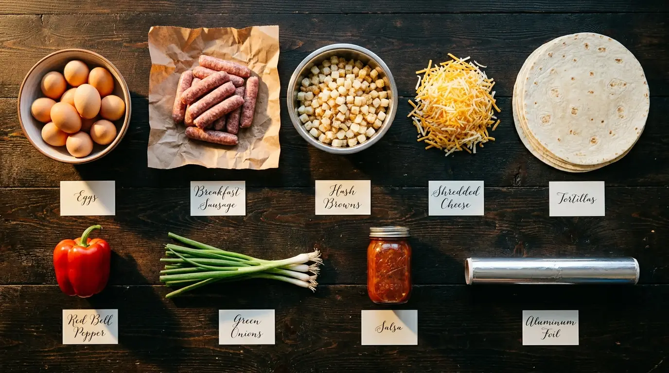 All ingredients for Freezer Breakfast Burritos, labeled